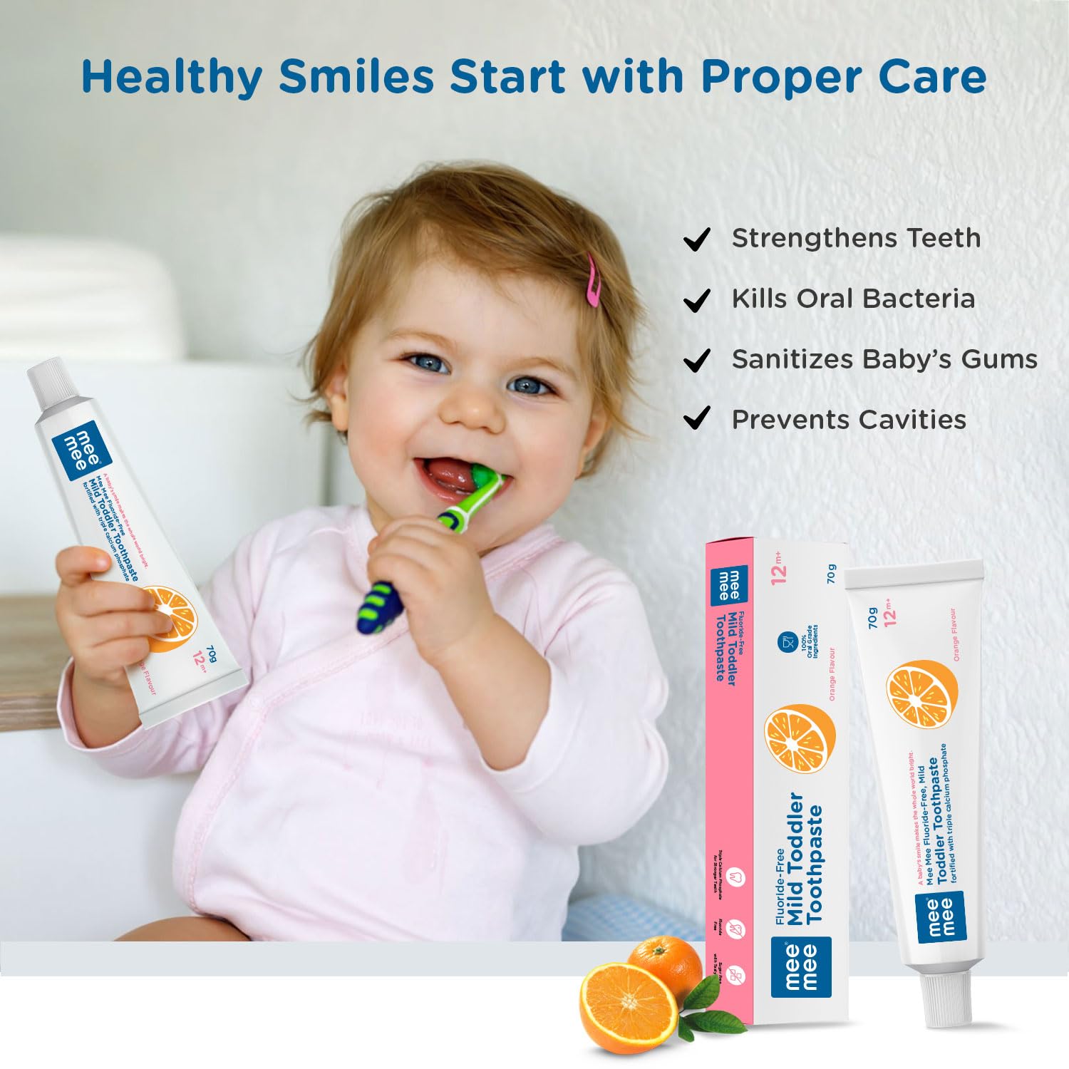 Mee Mee Fluoride - Free Mild Toddler Toothpaste with Triple Calcium Phosphate Orange Flavour 12M+ (70g)