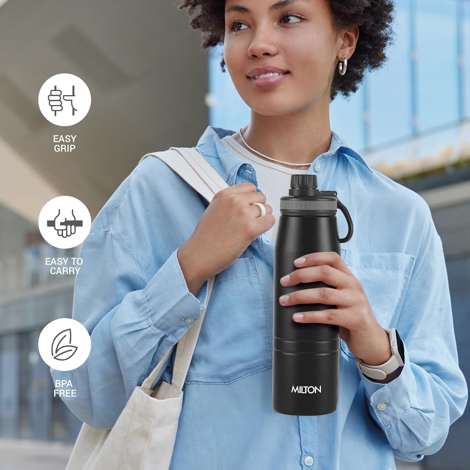 Milton Sparkle 600 Thermosteel Water Bottle with Easy Sip Cap and Handle, 625 ml, Vacuum Insulated Stainless Steel, Hot and Cold, On The Go Bottle for Office College, Black