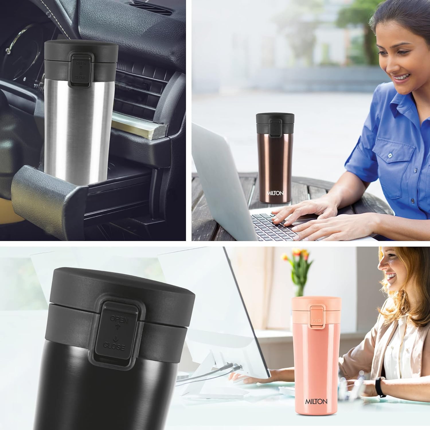MILTON Thermosteel Vacuum Insulated Travel Coffee Mug, 350ml, Black, Prolonged Hours Hot & Cold, ISI Certified, Spill Proof & Easy to Sip, Leakproof & Rustproof, On The Go Coffee Cup, Coffee Mug