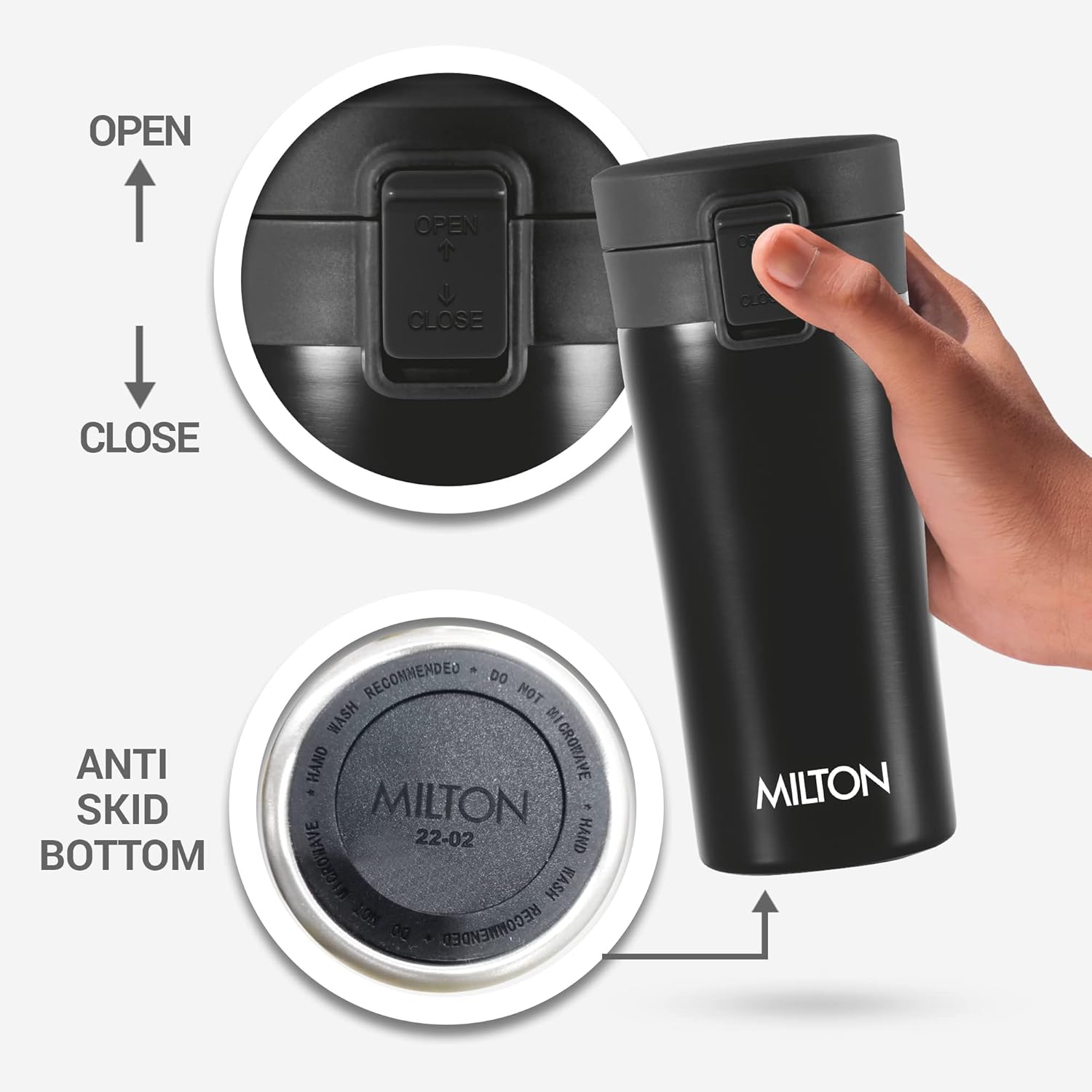 MILTON Thermosteel Vacuum Insulated Travel Coffee Mug, 350ml, Black, Prolonged Hours Hot & Cold, ISI Certified, Spill Proof & Easy to Sip, Leakproof & Rustproof, On The Go Coffee Cup, Coffee Mug