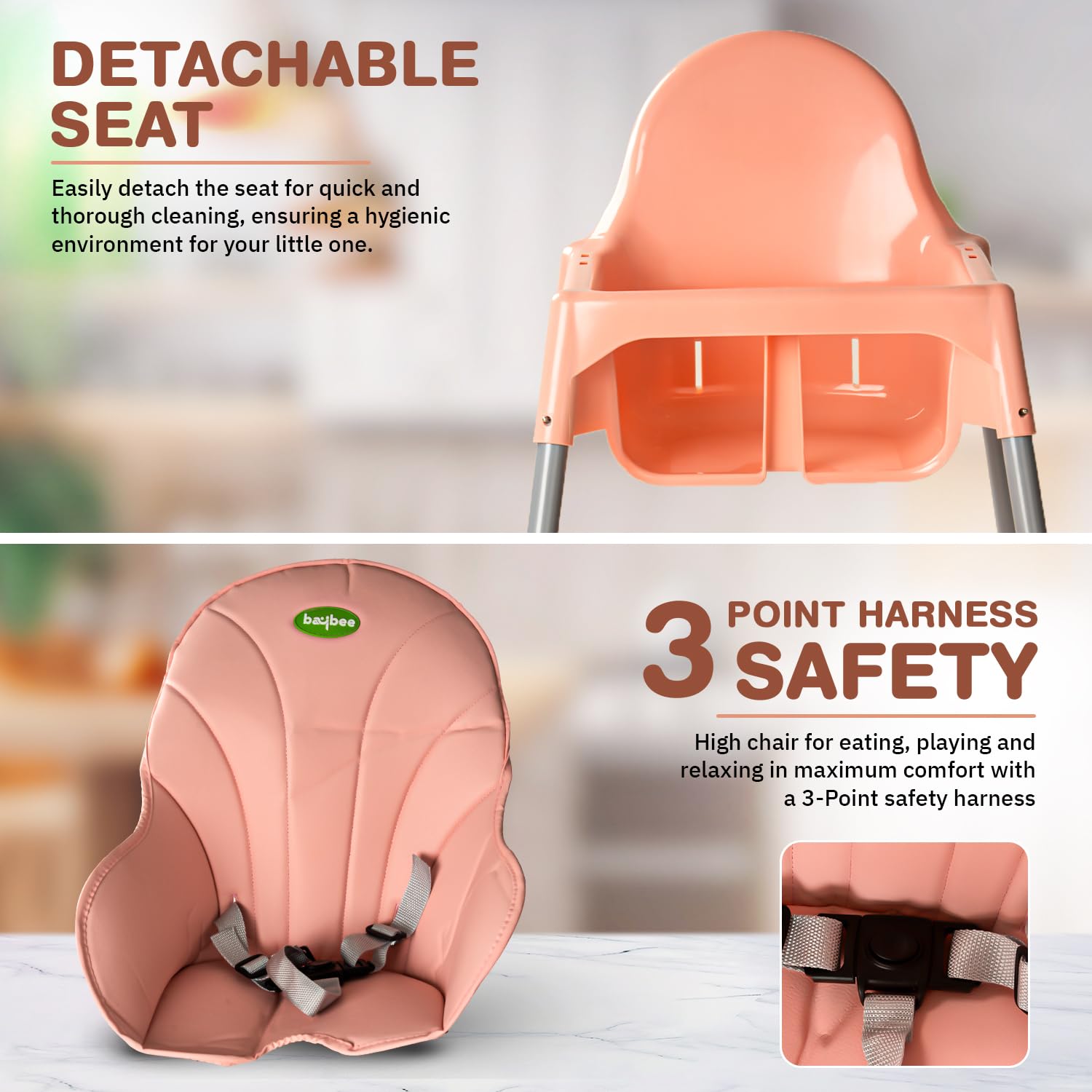 Baybee 2 in 1 Baby High Chair for Kids, Baby Feeding Chair with 2 Height Adjustable, Footrest, Tray, Mobile Stand, 3 Point Safety Belt | Kids High Chair for 6 Months to 3 Years (Pink)