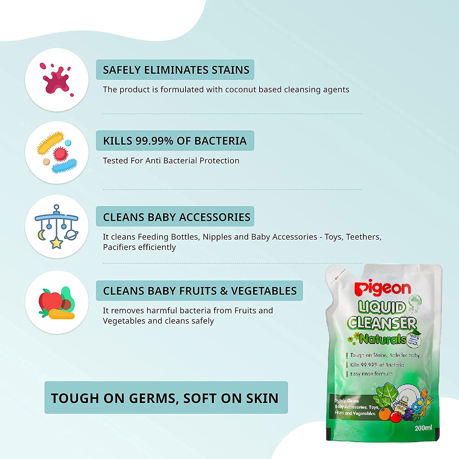 Pigeon Liquid Cleanser Natural safely cleans Baby Accessories, Toys, Fruit & Vegetables - 200ml Refill Pack