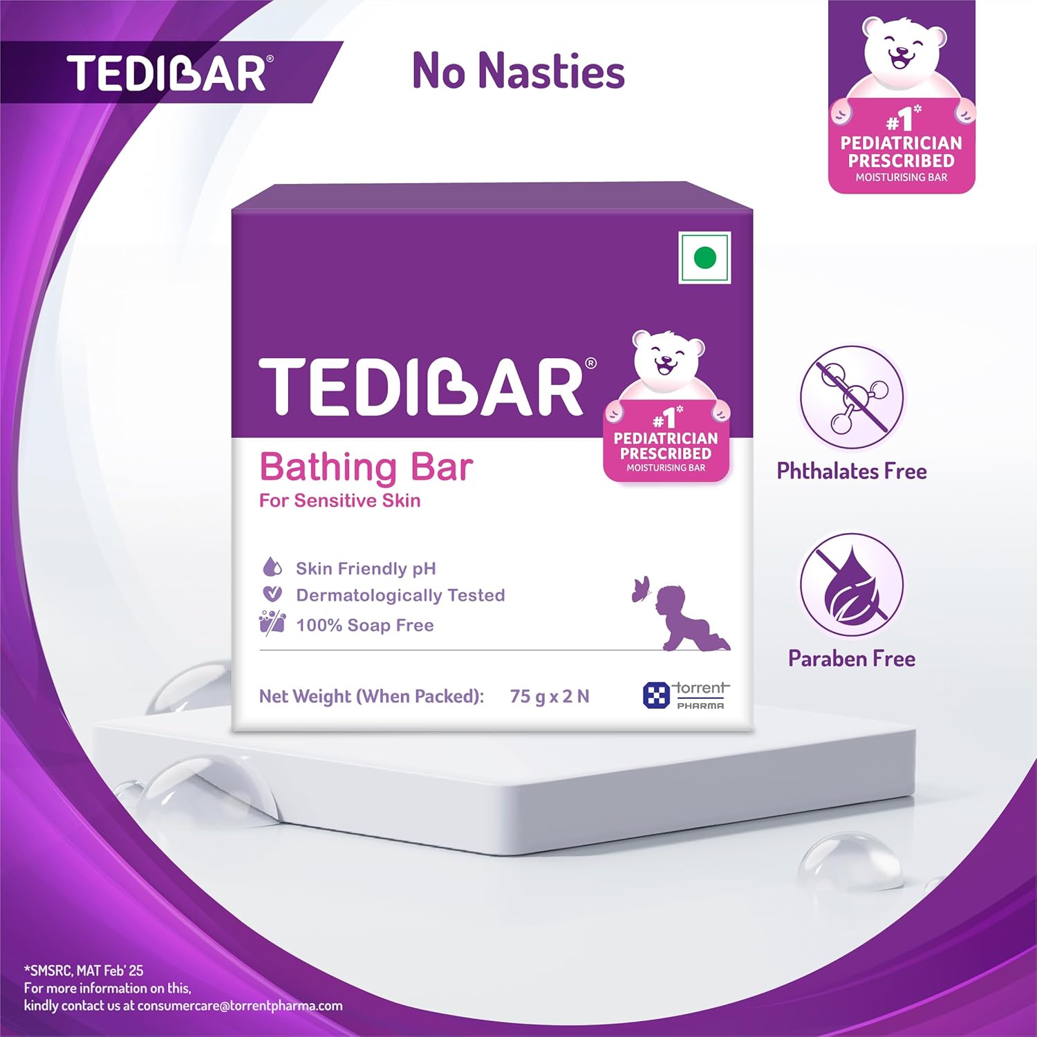 TediBar Bathing Bar for Sensitive Skin | Skin Friendly pH | Dermatologically Tested | 100% Soap Free - 75g (pack of 2)
