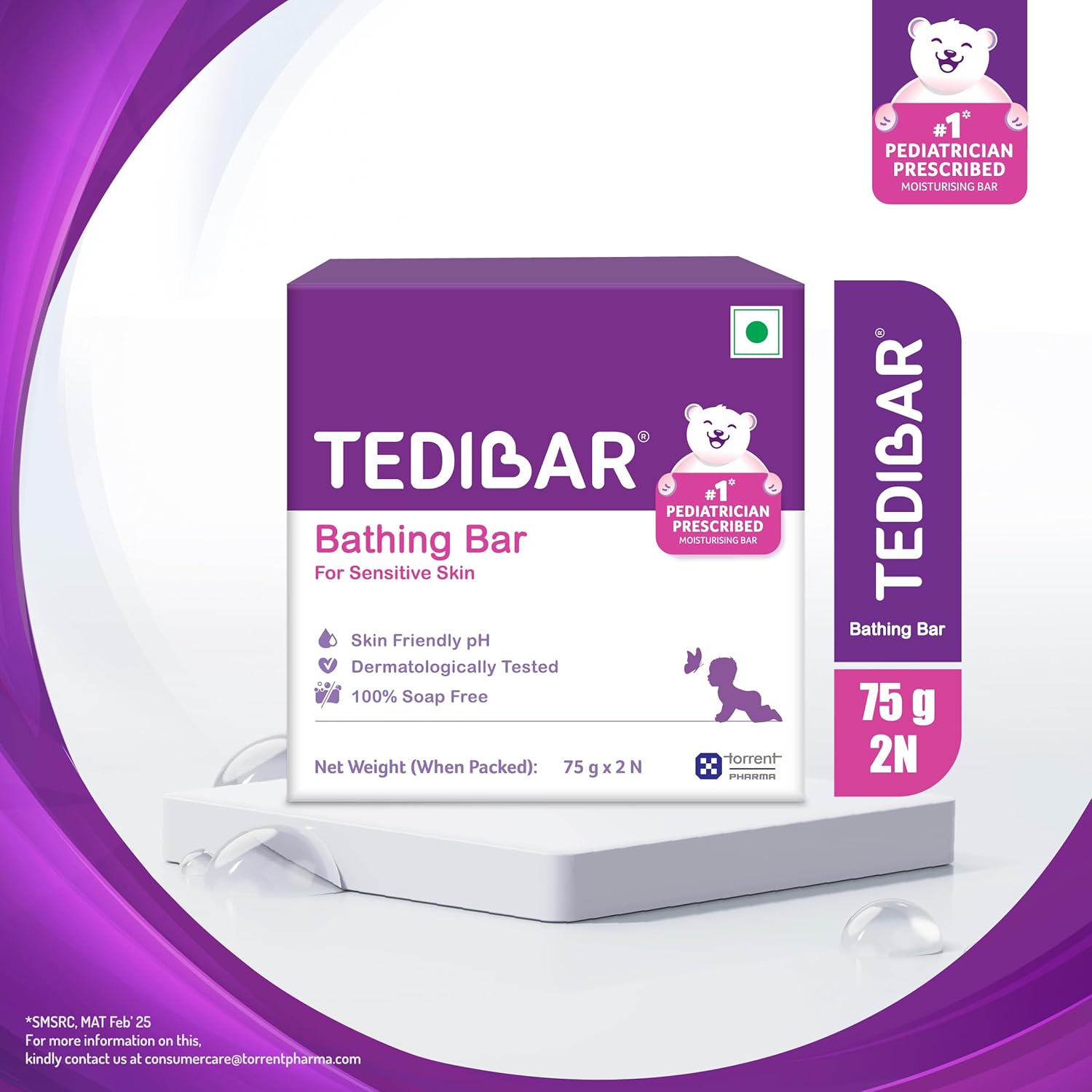 TediBar Bathing Bar for Sensitive Skin | Skin Friendly pH | Dermatologically Tested | 100% Soap Free - 75g (pack of 2)