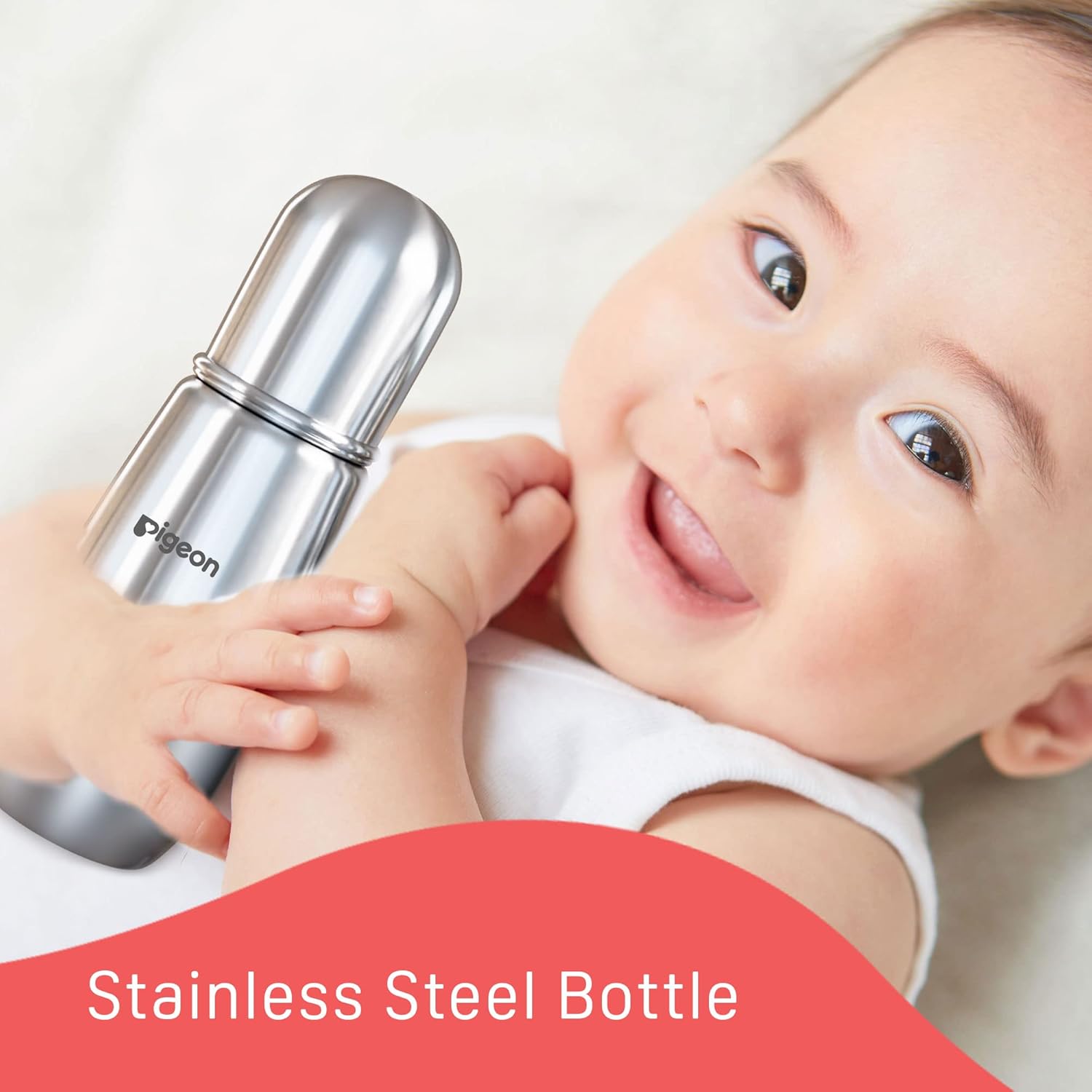 Pigeon Stainless Steel Infant Baby Feeding Bottle, BPA Free, Anti-Colic, Plastic-Free, Medium-Flow Nipple Slim Neck Steel Feeding Bottle 150ml-S Size