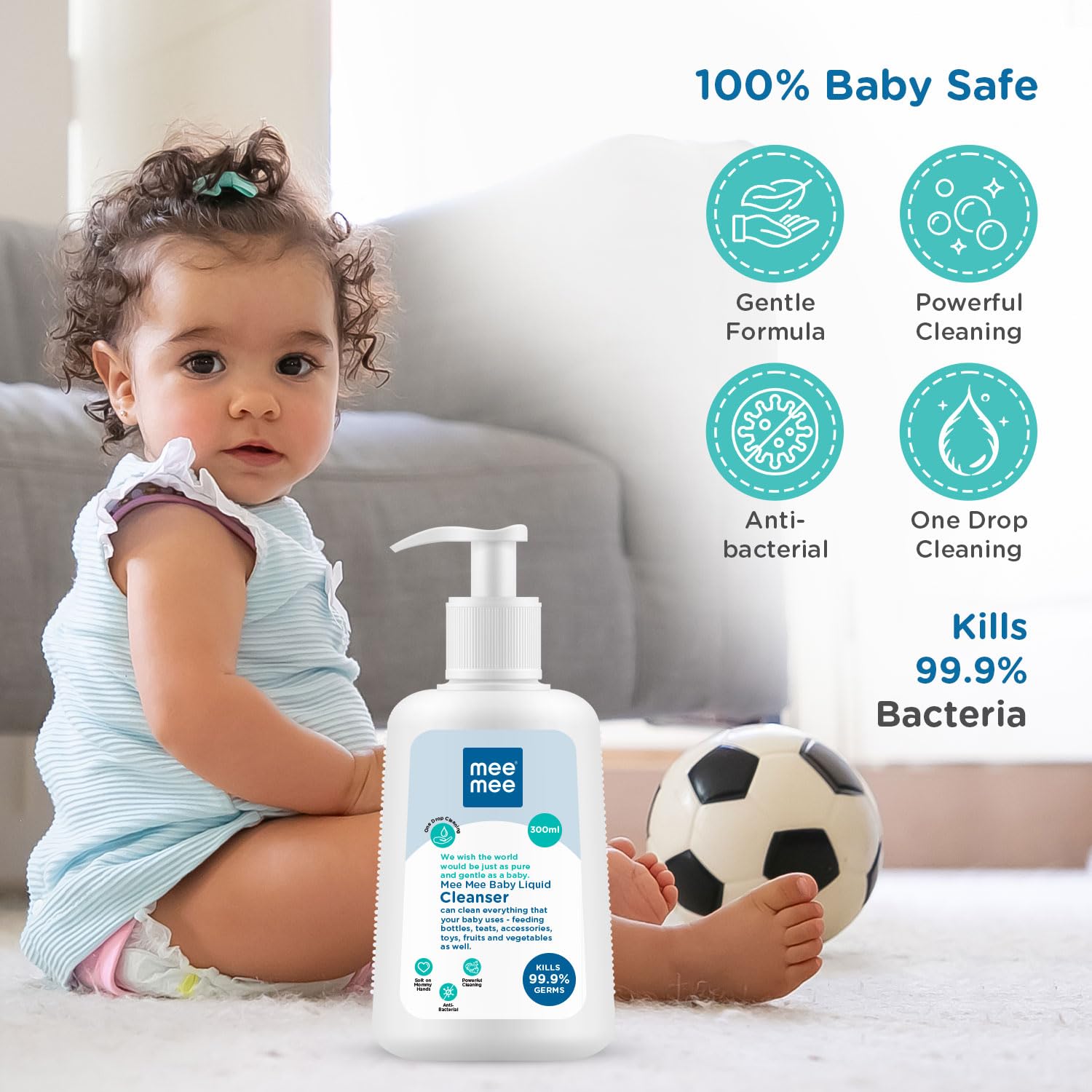 Mee Mee Baby Liquid Cleanser | Can Clean Everything That Your Baby Uses - Feeding bottle, Teats, Accessories, Toys, Fruits & Vegetables As Well (300ml) Free (10ml) Mild Laundry Detergent