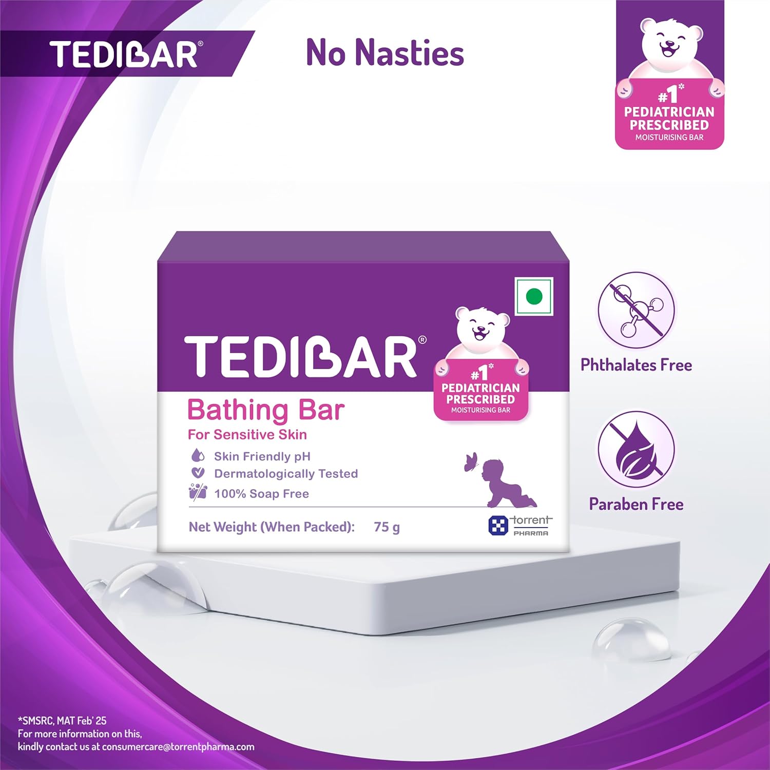 TediBar Bathing Bar for Sensitive Skin | Skin Friendly pH | Dermatologically Tested | 100% Soap Free - 75g (pack of 1)