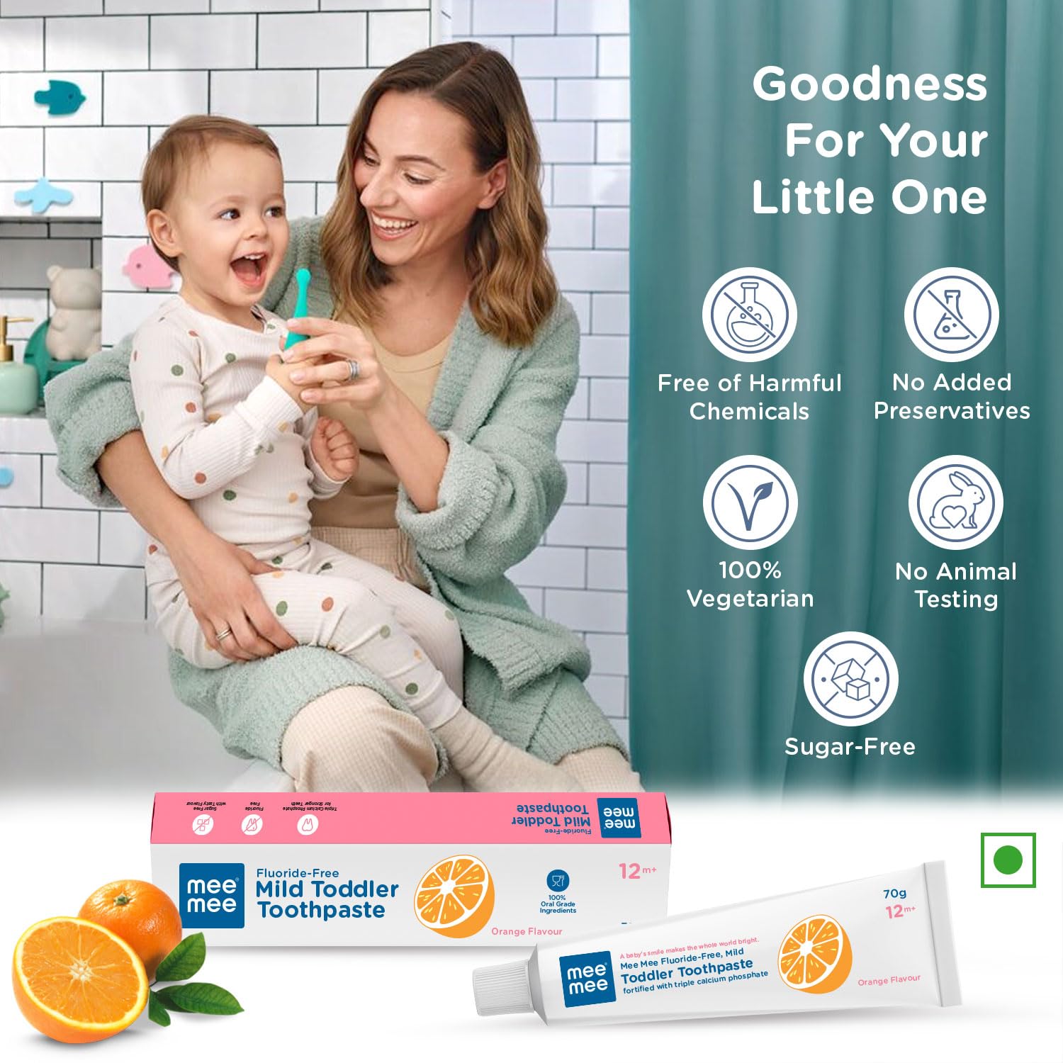 Mee Mee Fluoride - Free Mild Toddler Toothpaste with Triple Calcium Phosphate Orange Flavour 12M+ (70g)