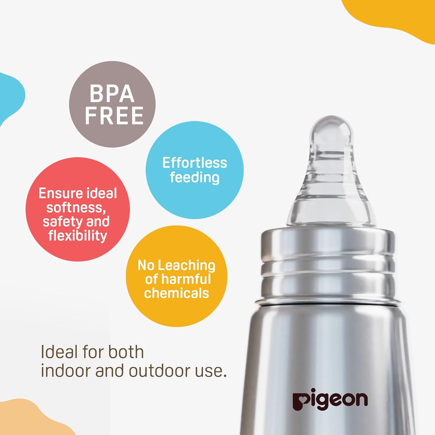 Pigeon Stainless Steel Infant Baby Feeding Bottle, BPA Free, Anti-Colic, Plastic-Free, Medium-Flow Nipple Slim Neck Steel Feeding Bottle 150ml-S Size
