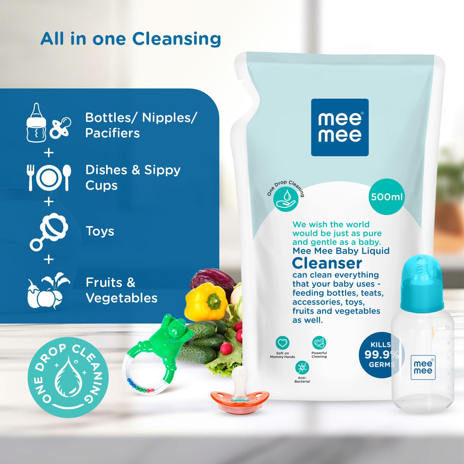 Mee Mee Baby Liquid Cleanser Can Clean Everything That Your Baby User - Feeding Bottle, Teats, Accessories, Toys, Fruits & Vegetables As well - (500ml) Refill Pack