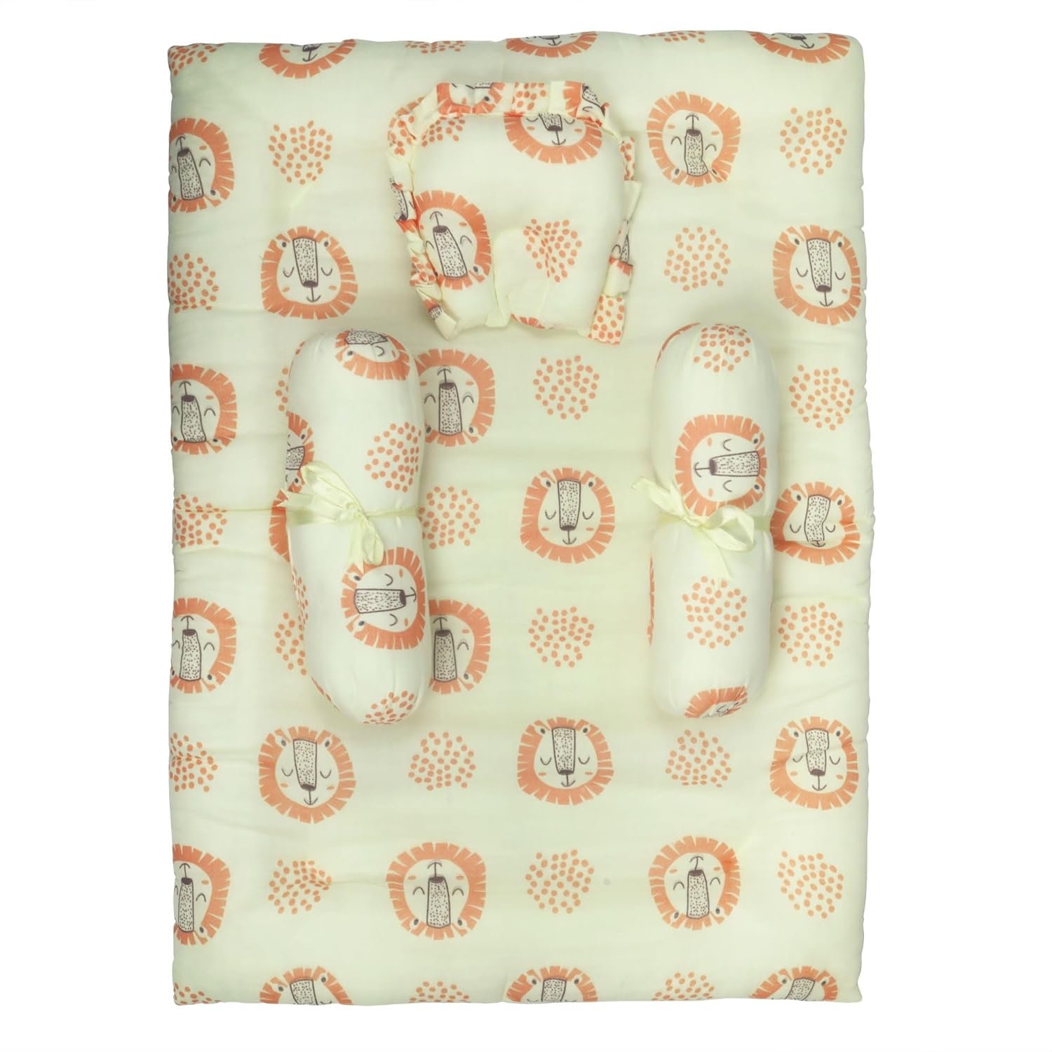 1ST STEP 100% Muslin Cotton Thick New Born Baby Bedding Mattress/Gadda Bed Set for Babies with 2 Side Bolster & Head Pillow (Yellow Lion)