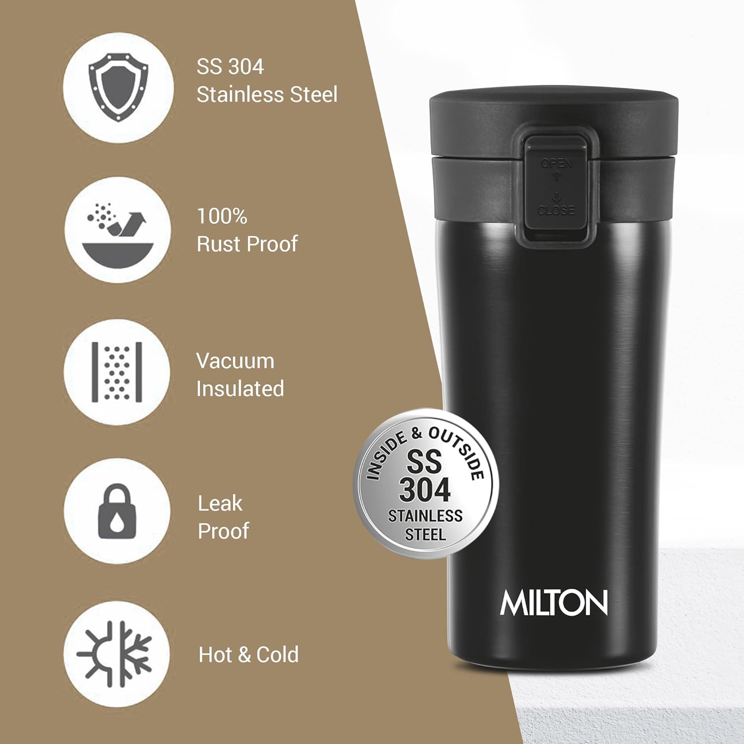 MILTON Thermosteel Vacuum Insulated Travel Coffee Mug, 350ml, Black, Prolonged Hours Hot & Cold, ISI Certified, Spill Proof & Easy to Sip, Leakproof & Rustproof, On The Go Coffee Cup, Coffee Mug