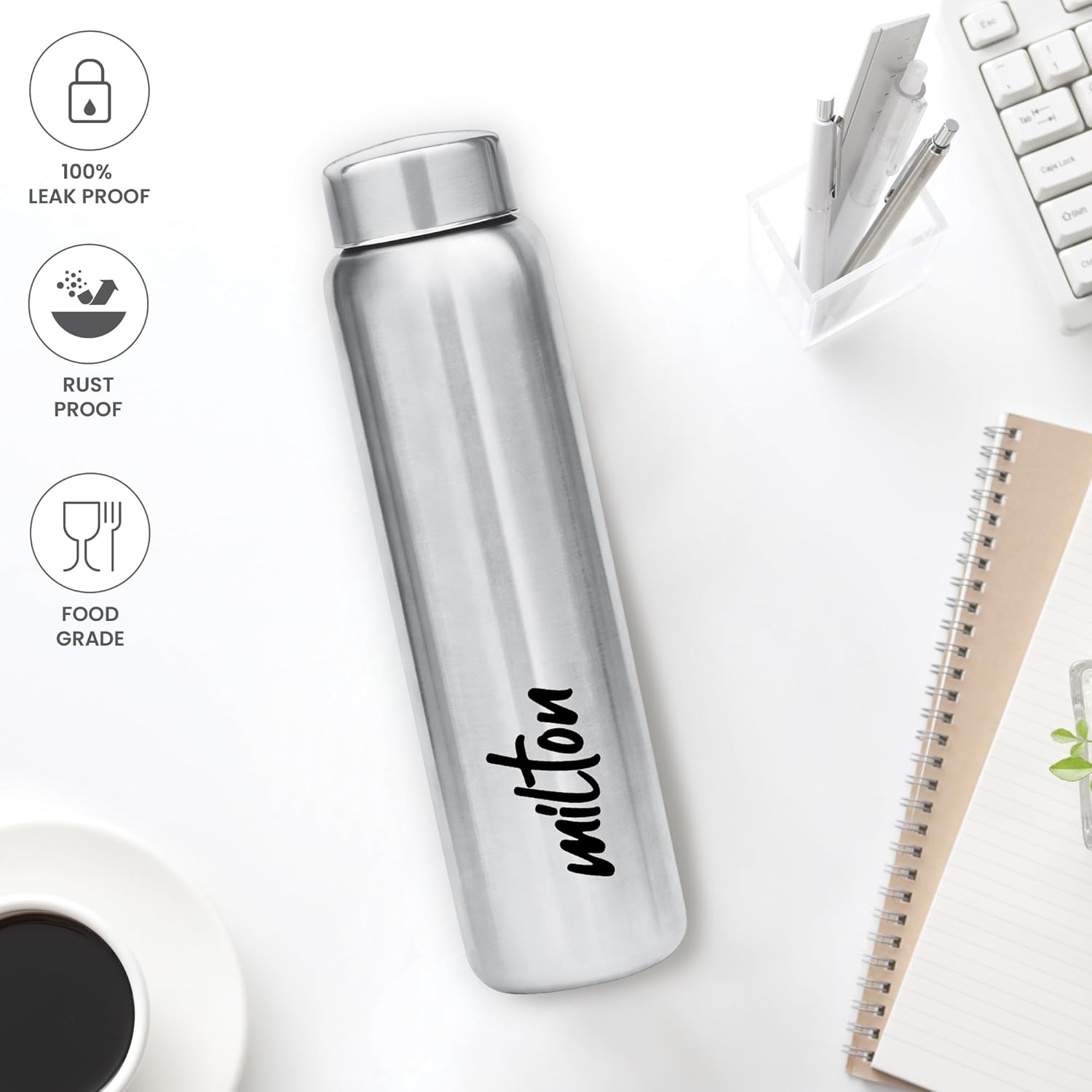 MILTON Aqua 1000 Stainless Steel Water Bottle, 920 ml, Silver | Leak Proof | Office Bottle | Gym Bottle | Home | Kitchen | Hiking | Treking Bottle | Travel Bottle