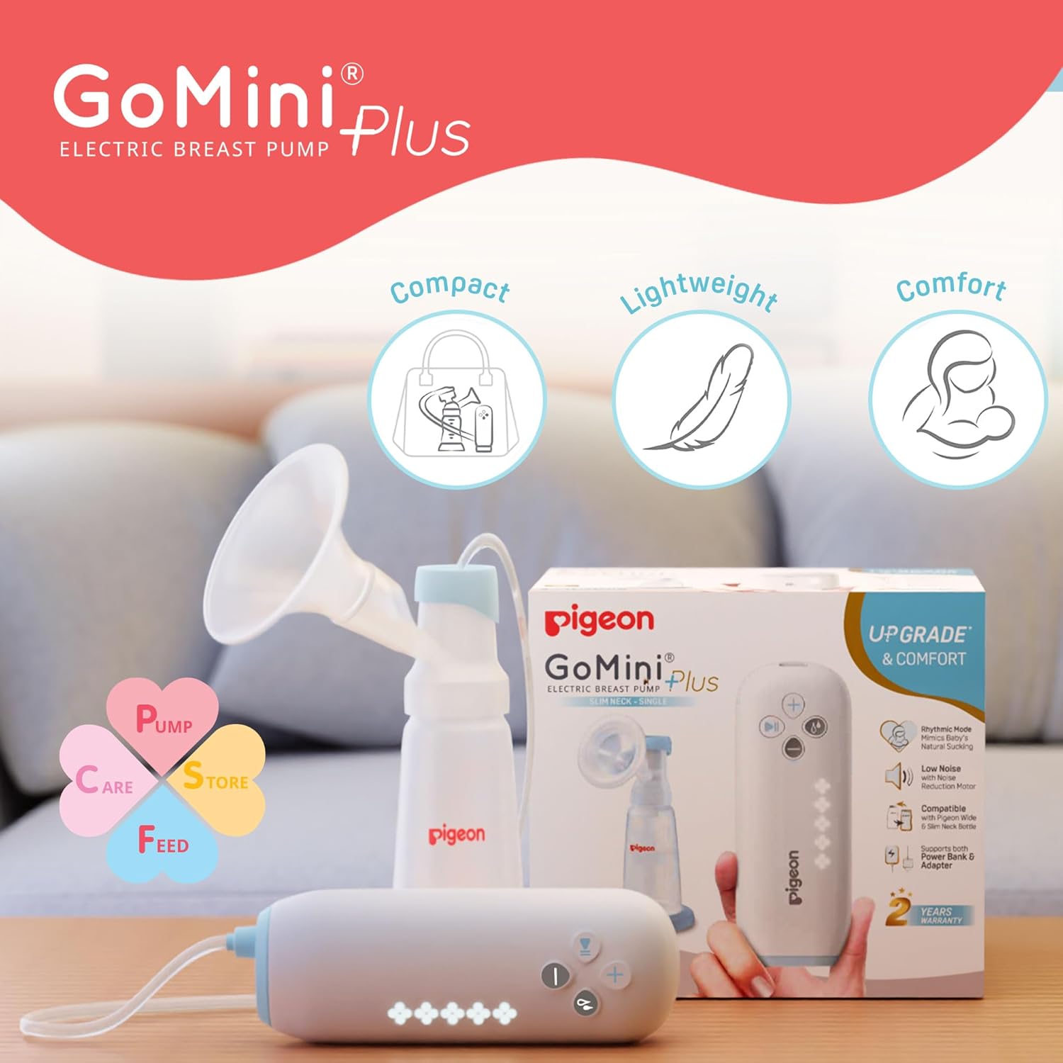Pigeon GoMini+ Electric Breast Pump | Wide Neck - Single | BPA/BPS FREE