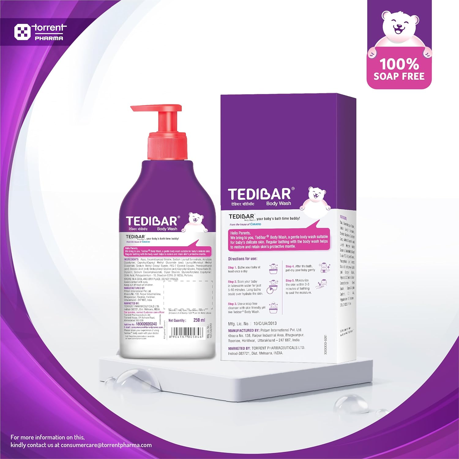 TediBar Gentle Baby Body Wash | 100% Soap Free | Skin Friendly pH | Dermatologically Tested - 250ml