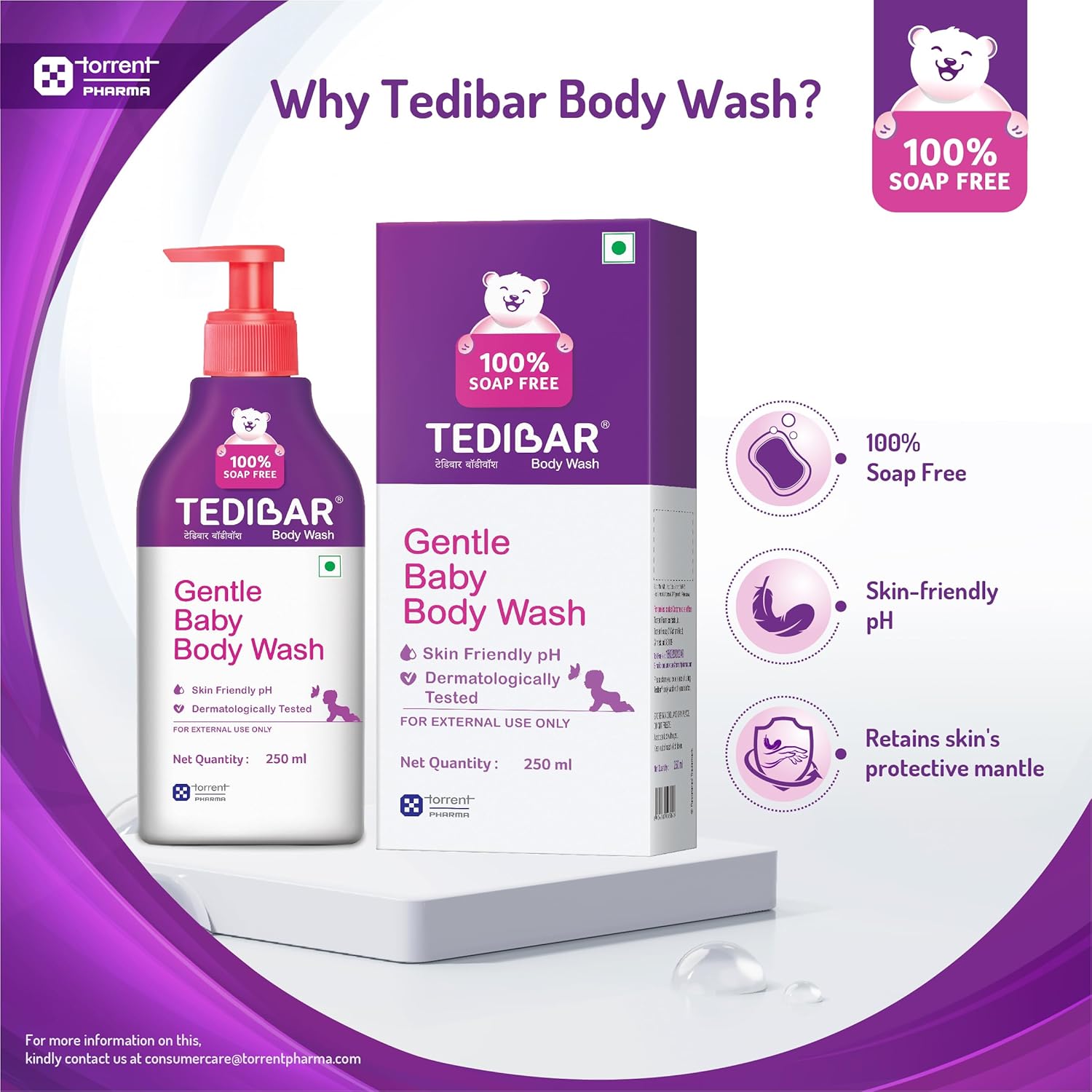 TediBar Gentle Baby Body Wash | 100% Soap Free | Skin Friendly pH | Dermatologically Tested - 250ml