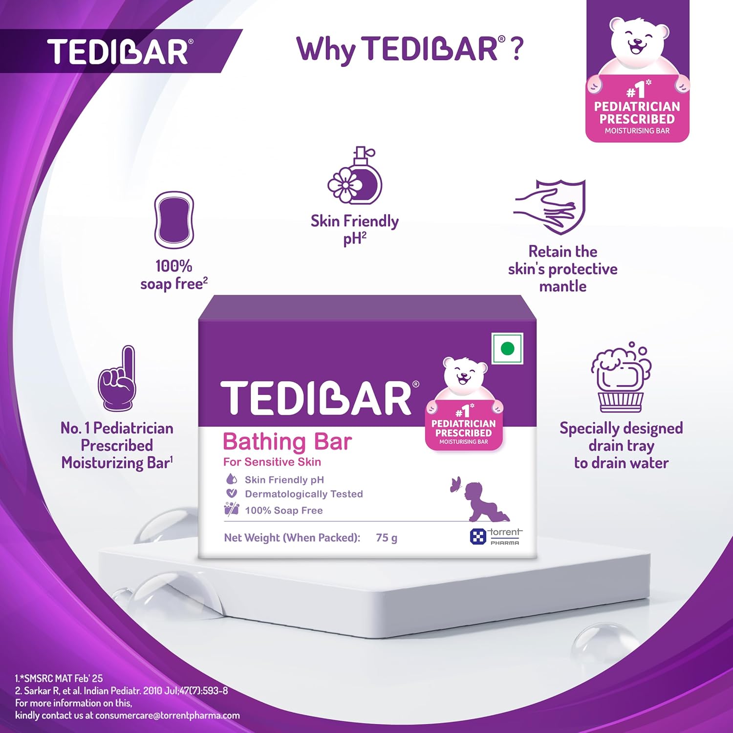 TediBar Bathing Bar for Sensitive Skin | Skin Friendly pH | Dermatologically Tested | 100% Soap Free - 75g (pack of 1)