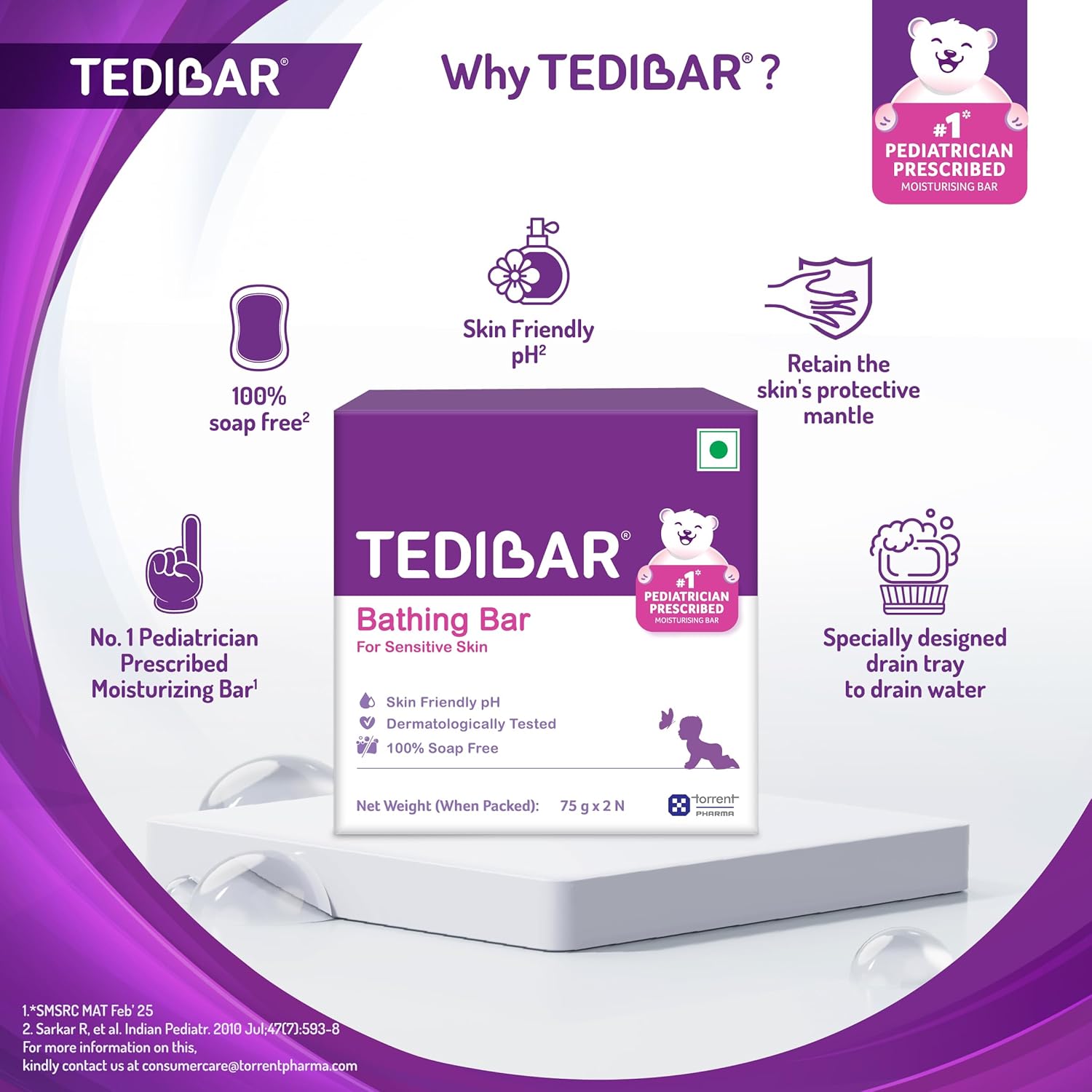 TediBar Bathing Bar for Sensitive Skin | Skin Friendly pH | Dermatologically Tested | 100% Soap Free - 75g (pack of 2)