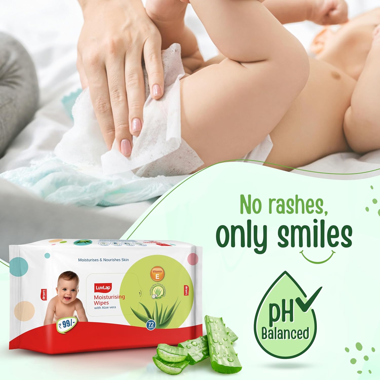 LuvLap Moisturising Wet Wipes without Lid For Baby Skin, Enriched with Aloe Vera, Vitamin E & Chamomile Extract, pH Balanced, Dermatologically Safe, Paraben & Sulphate Free, 72 Wipes