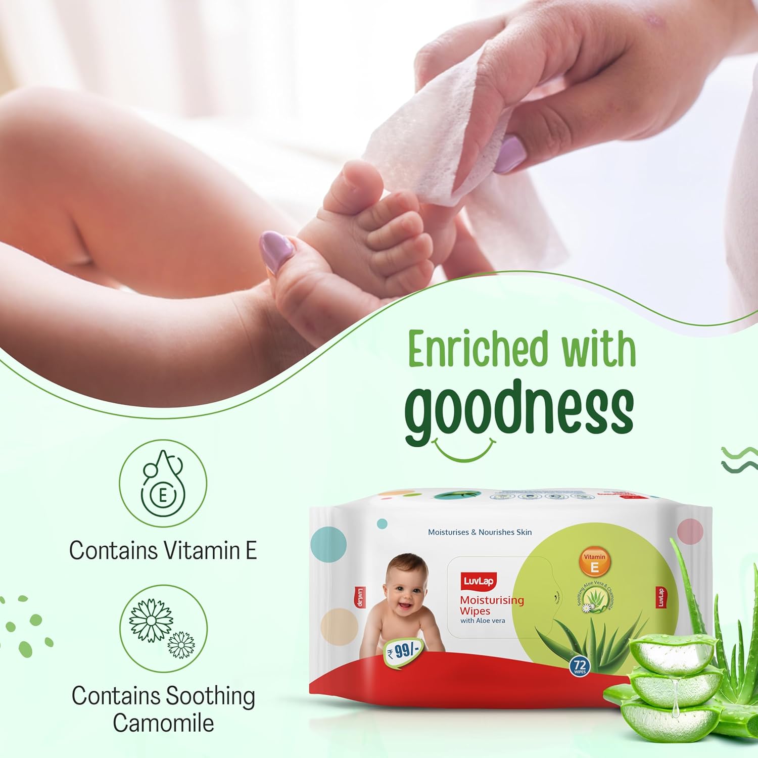 LuvLap Moisturising Wet Wipes without Lid For Baby Skin, Enriched with Aloe Vera, Vitamin E & Chamomile Extract, pH Balanced, Dermatologically Safe, Paraben & Sulphate Free, 72 Wipes