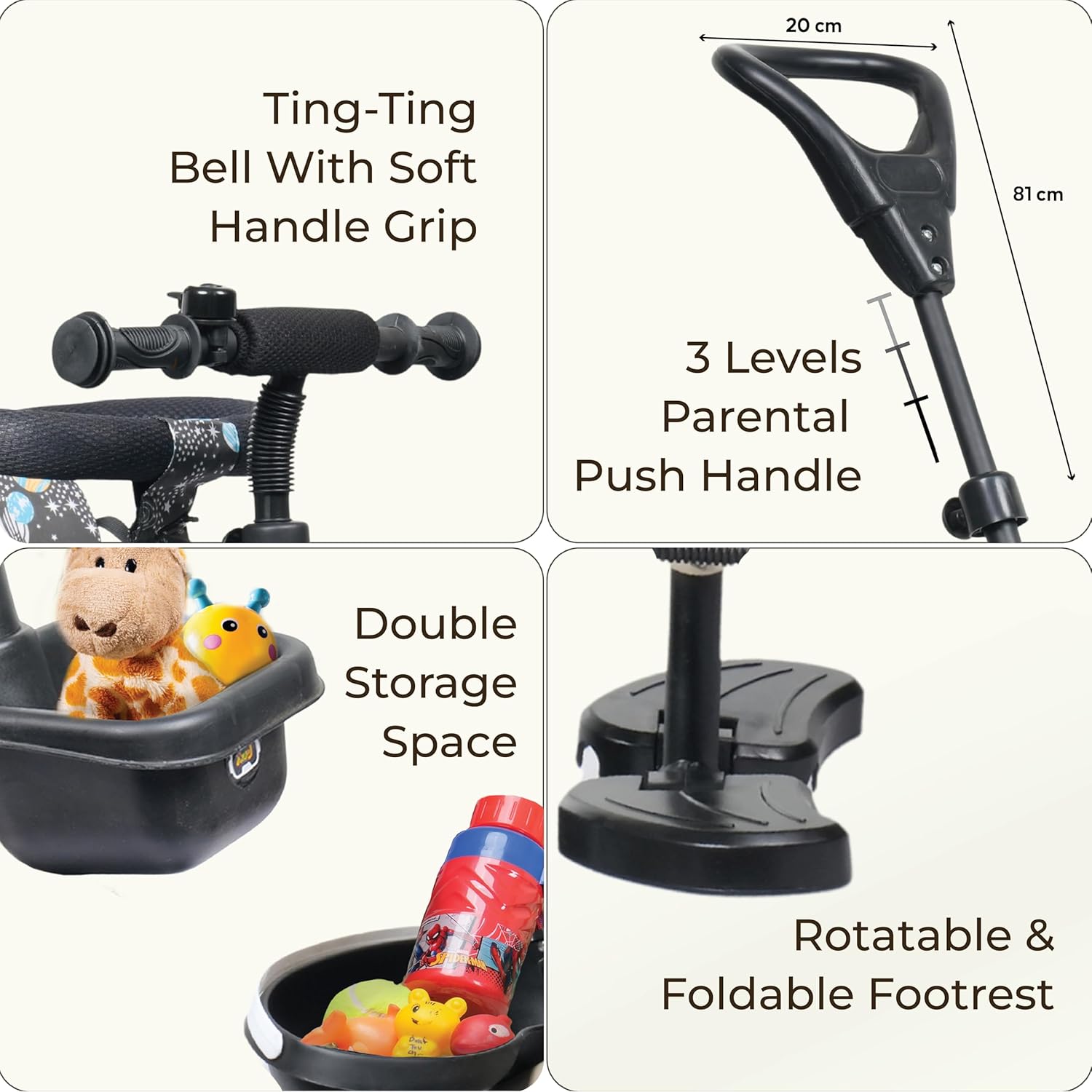 Apple Baby Hyper 500 PRO Galaxy/Adjustable Canopy Plug N Play Trike/Baby Tricycle with Parental Control for Age Group 2+ Years Boys/Girls/Carrying Capacity Upto 30-KGS Proudly Made in India (Dark Blue)