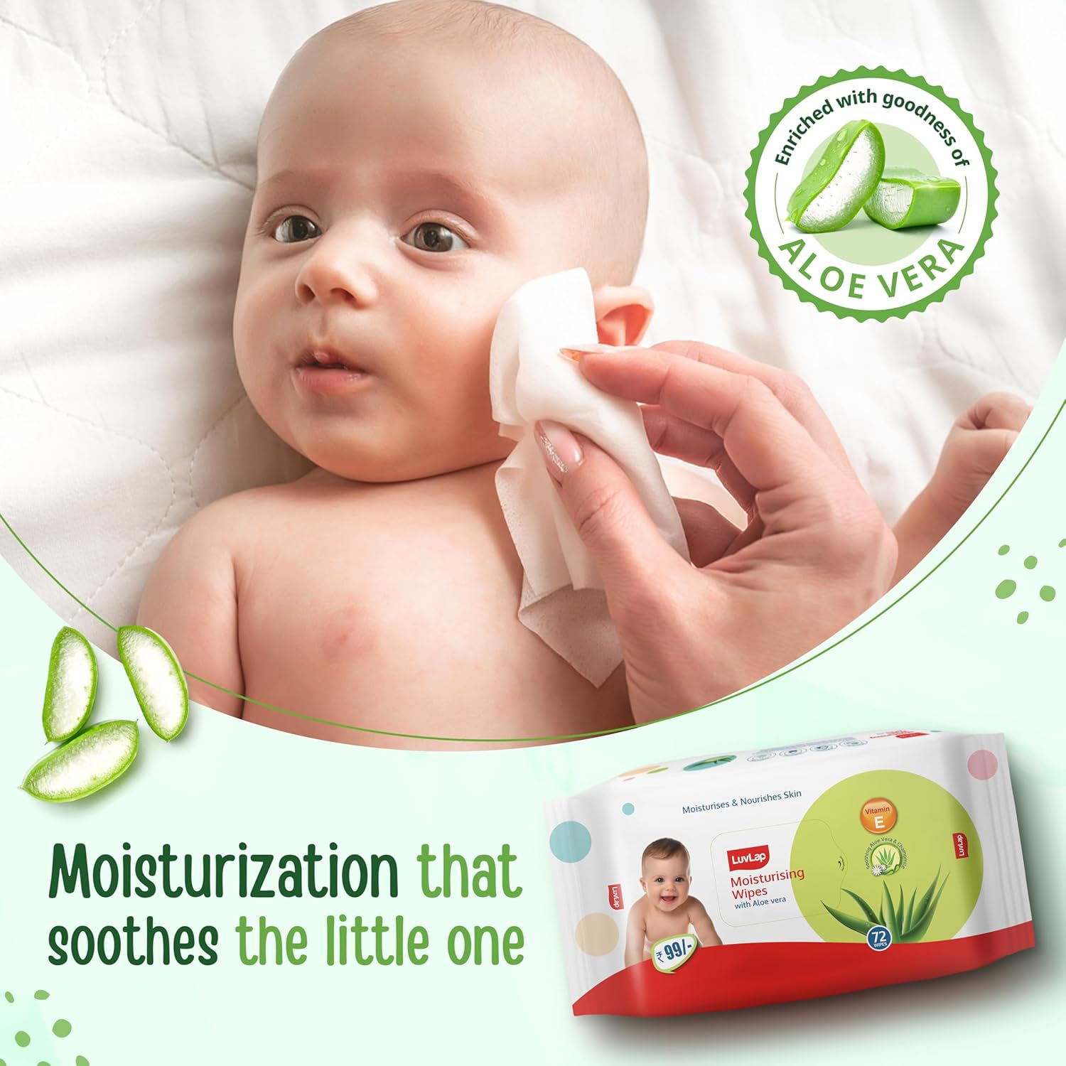 LuvLap Moisturising Wet Wipes without Lid For Baby Skin, Enriched with Aloe Vera, Vitamin E & Chamomile Extract, pH Balanced, Dermatologically Safe, Paraben & Sulphate Free, 72 Wipes