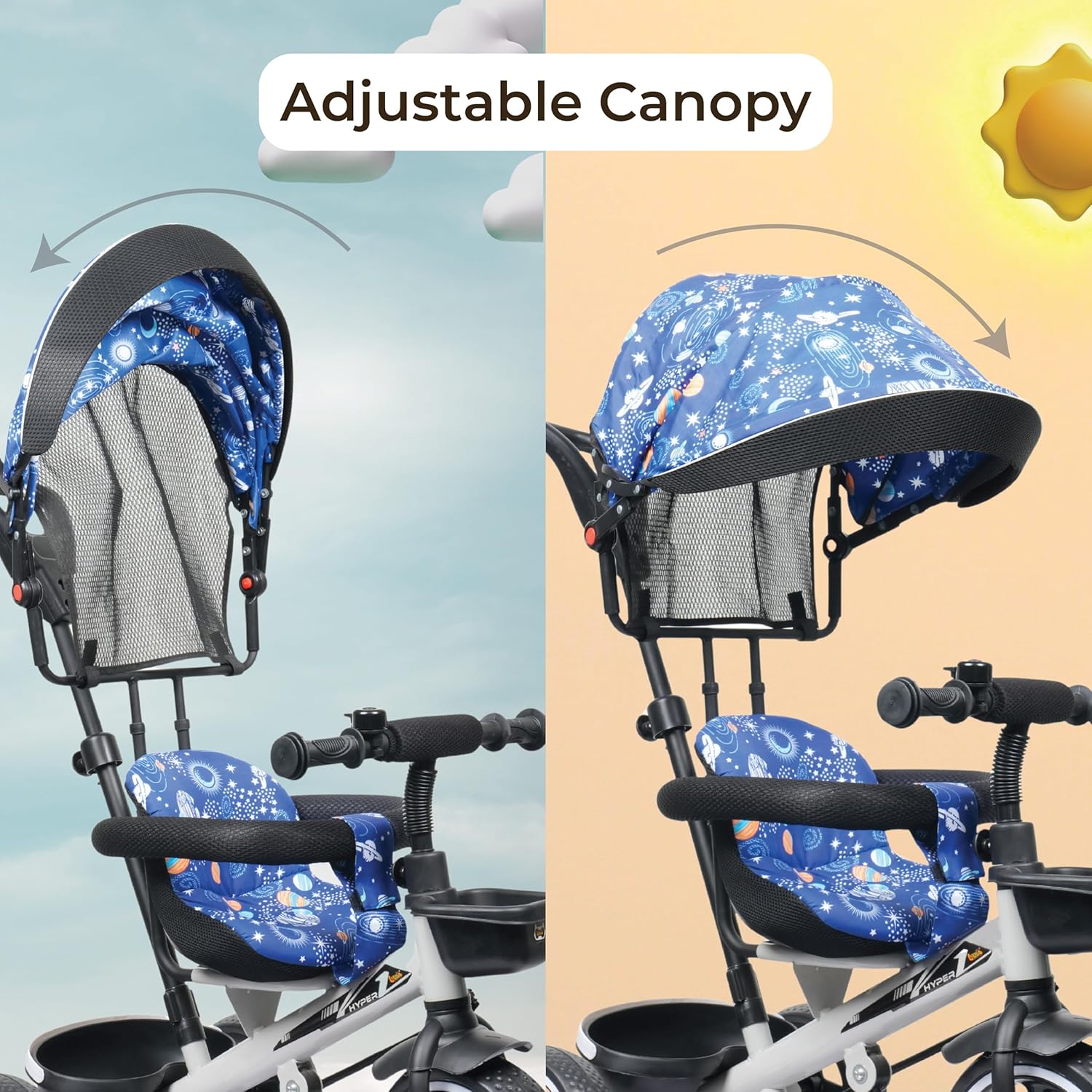 Apple Baby Hyper 500 PRO Galaxy/Adjustable Canopy Plug N Play Trike/Baby Tricycle with Parental Control for Age Group 2+ Years Boys/Girls/Carrying Capacity Upto 30-KGS Proudly Made in India (Dark Blue)