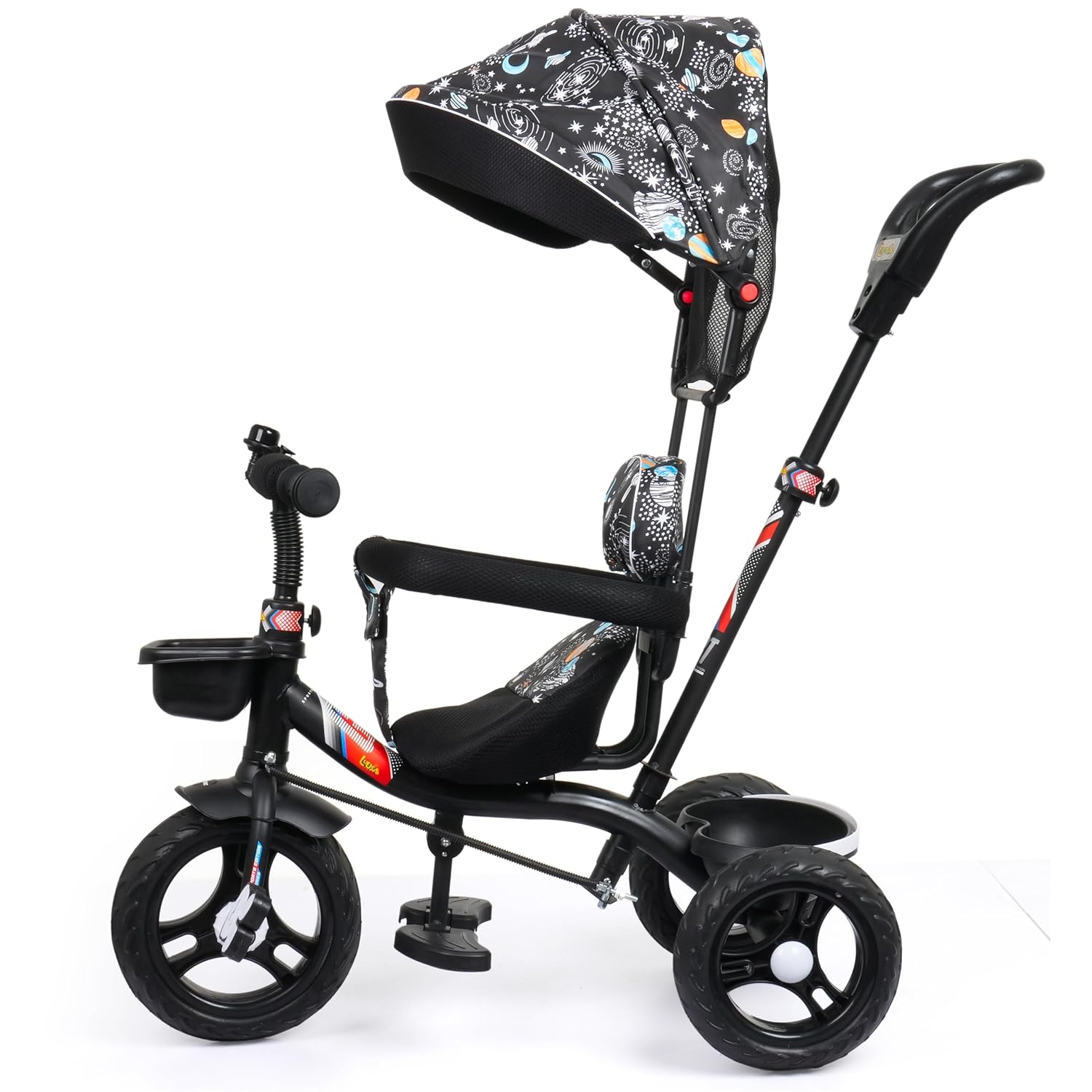 Apple Baby Galaxy Edition GT-500 Plug and Play Tricycle with Height Adjustable Parental Control | Kids Safety Belt | Foam Cushion Seat | for Age Group 2+ Years | Carring Capacity 30-KGS (Galaxy Black)