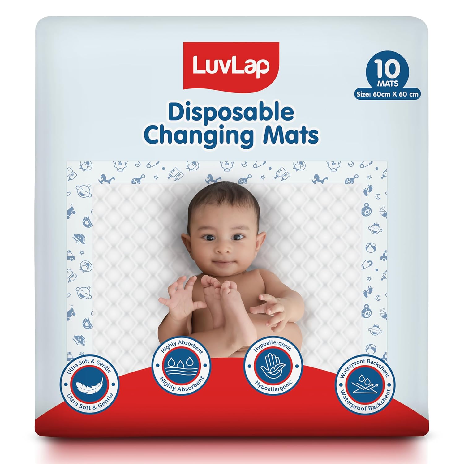 LuvLap Disposable Changing Mats | Ultra Soft & Gentle | Highly Absorbent | Hypoallergenic | Waterproof Backsheet - (10 Mats - 60cm*60cm)