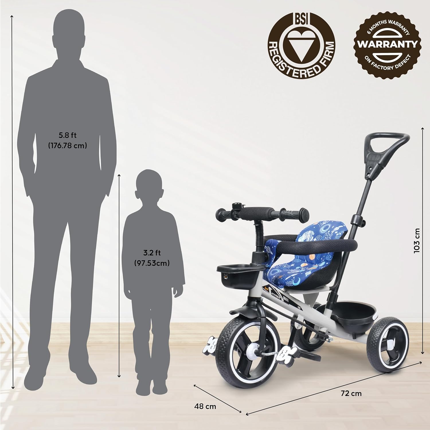 Apple Baby Hyper 500 PRO Galaxy/Adjustable Canopy Plug N Play Trike/Baby Tricycle with Parental Control for Age Group 2+ Years Boys/Girls/Carrying Capacity Upto 30-KGS Proudly Made in India (Dark Blue)