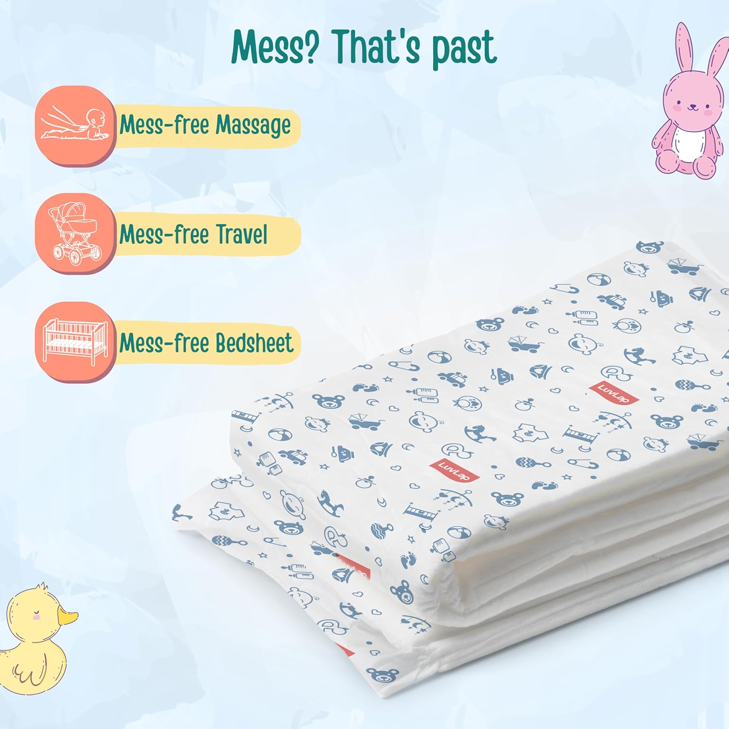 LuvLap Disposable Changing Mats | Ultra Soft & Gentle | Highly Absorbent | Hypoallergenic | Waterproof Backsheet - (10 Mats - 60cm*60cm)