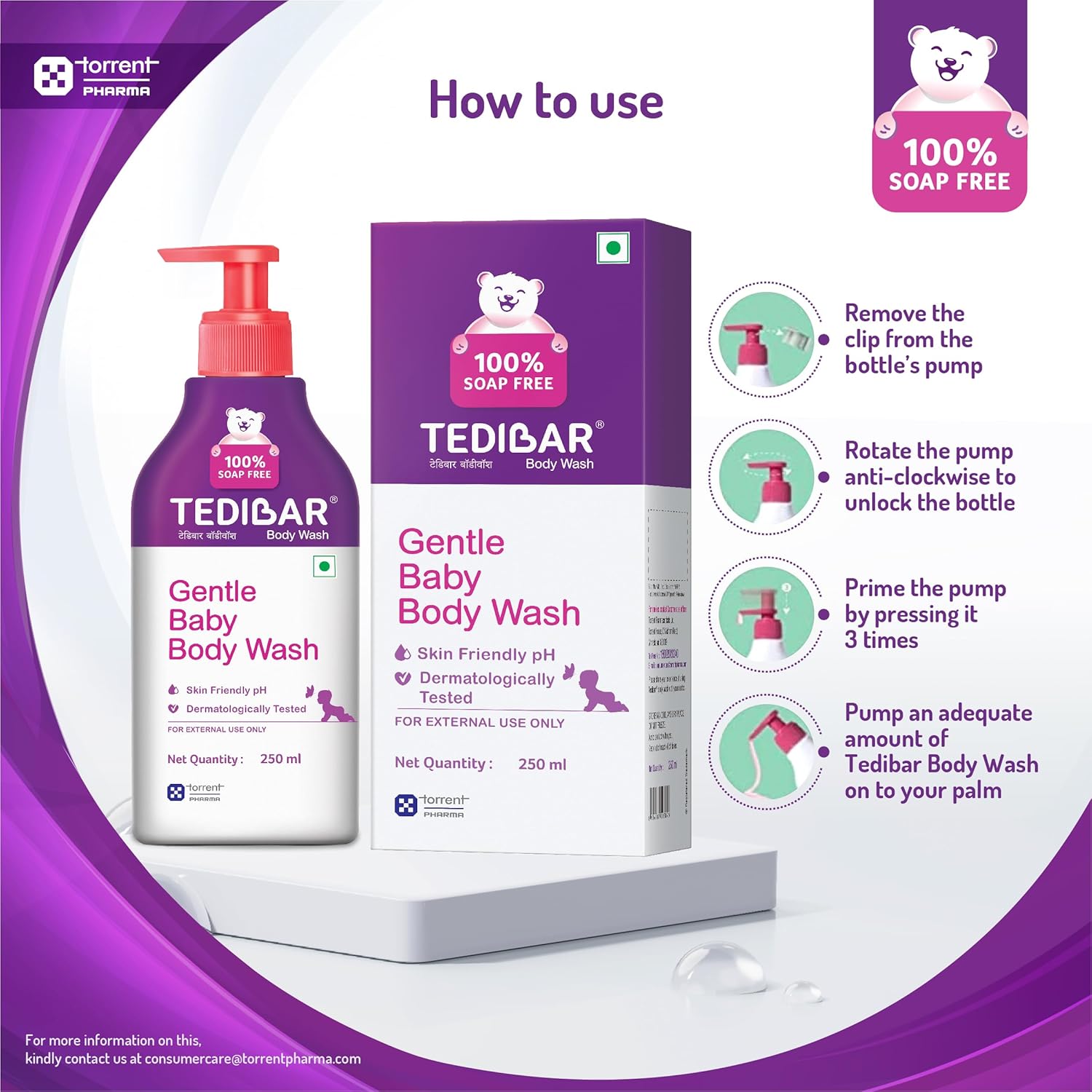 TediBar Gentle Baby Body Wash | 100% Soap Free | Skin Friendly pH | Dermatologically Tested - 250ml