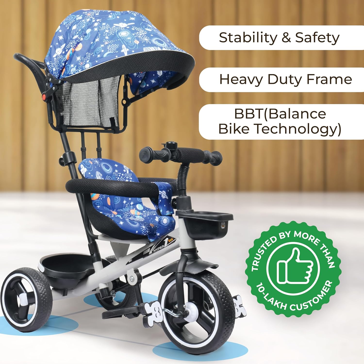 Apple Baby Hyper 500 PRO Galaxy/Adjustable Canopy Plug N Play Trike/Baby Tricycle with Parental Control for Age Group 2+ Years Boys/Girls/Carrying Capacity Upto 30-KGS Proudly Made in India (Dark Blue)