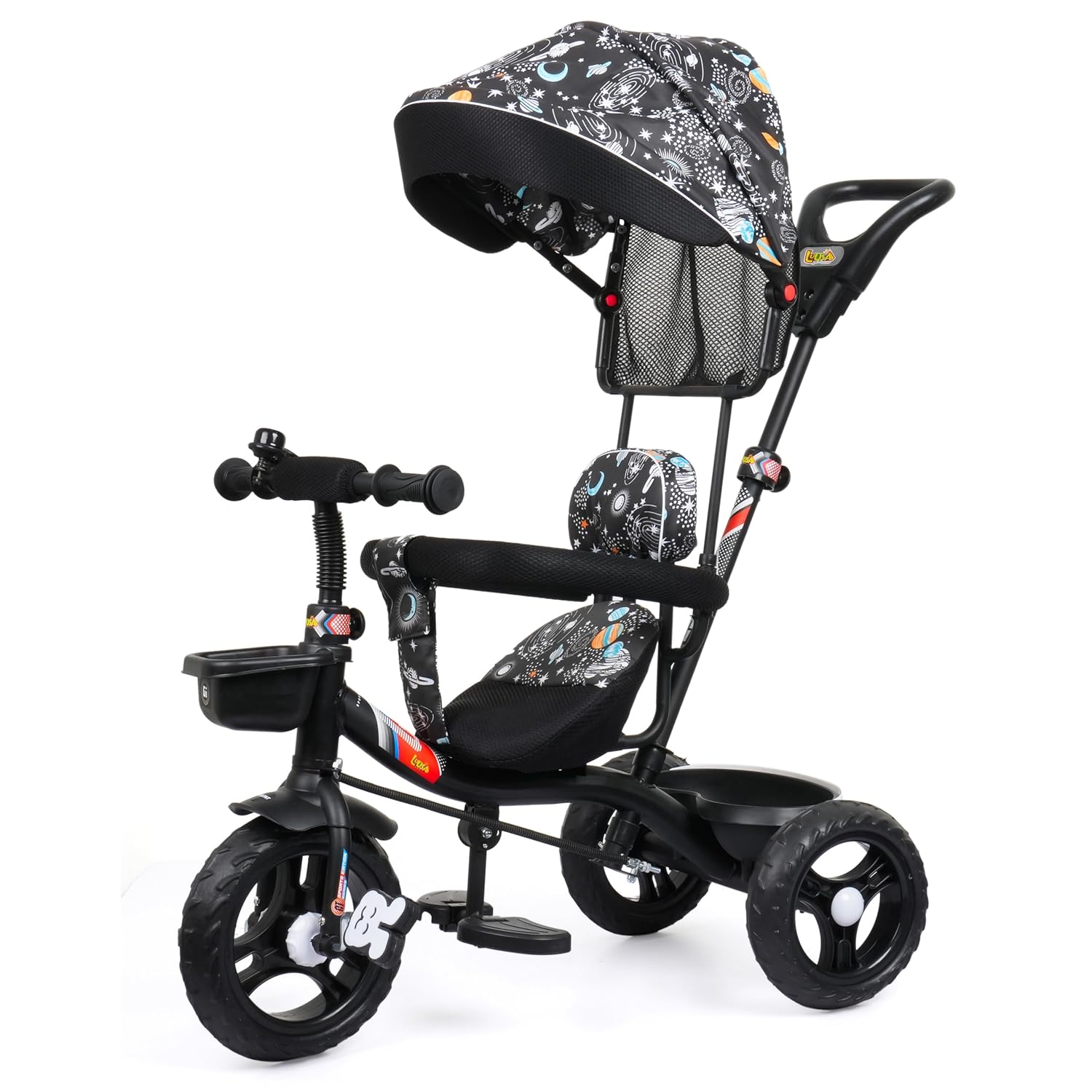 Apple Baby Galaxy Edition GT-500 Plug and Play Tricycle with Height Adjustable Parental Control | Kids Safety Belt | Foam Cushion Seat | for Age Group 2+ Years | Carring Capacity 30-KGS (Galaxy Black)