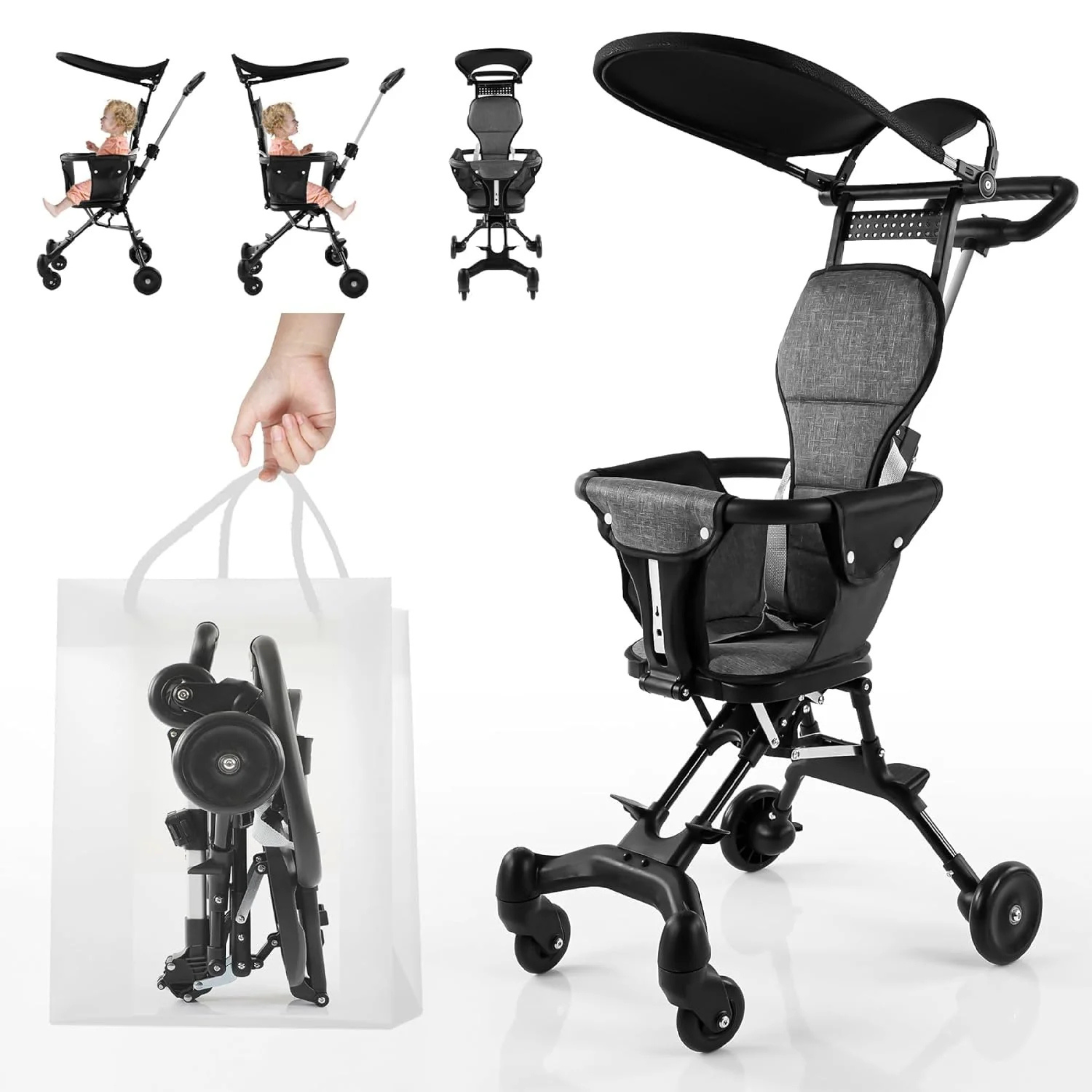 Apple Baby Lightweight Foldable Baby Stroller, Easy to Fold for Travel and Outdoor Use, with Sunshade and 360° Rotating Seat, Adjustable Handle, Soft Wheel, No Assembly Required