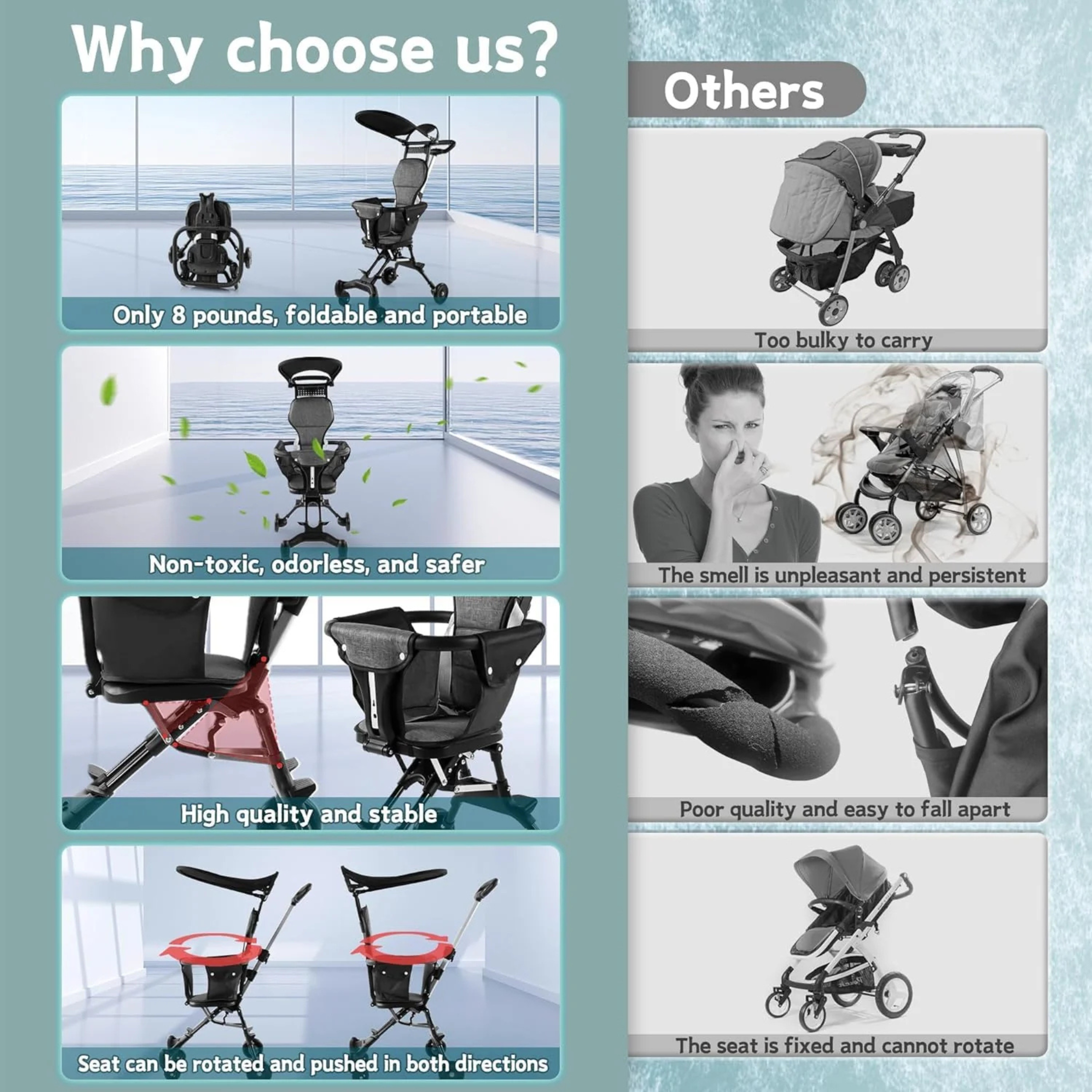 Apple Baby Lightweight Foldable Baby Stroller, Easy to Fold for Travel and Outdoor Use, with Sunshade and 360° Rotating Seat, Adjustable Handle, Soft Wheel, No Assembly Required