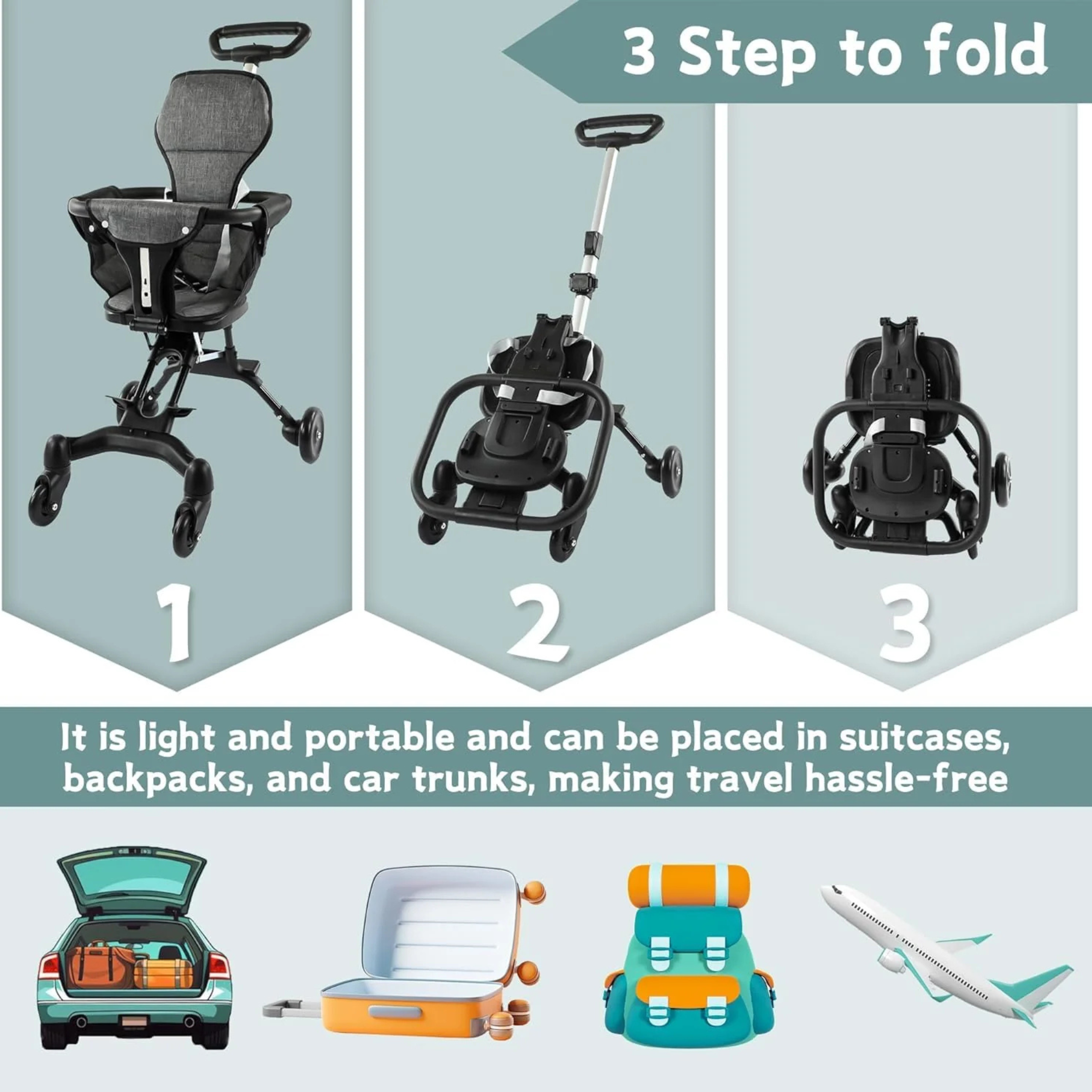 Apple Baby Lightweight Foldable Baby Stroller, Easy to Fold for Travel and Outdoor Use, with Sunshade and 360° Rotating Seat, Adjustable Handle, Soft Wheel, No Assembly Required