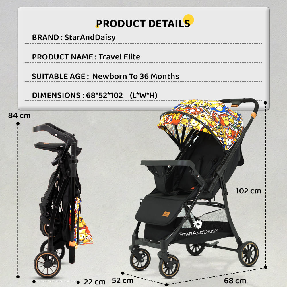 StarAndDaisy Travel Elite Lightweight and Foldable Baby Stroller Pram for Travel with Reversible Handle Adjustable Backrest and Canopy (Graffti)