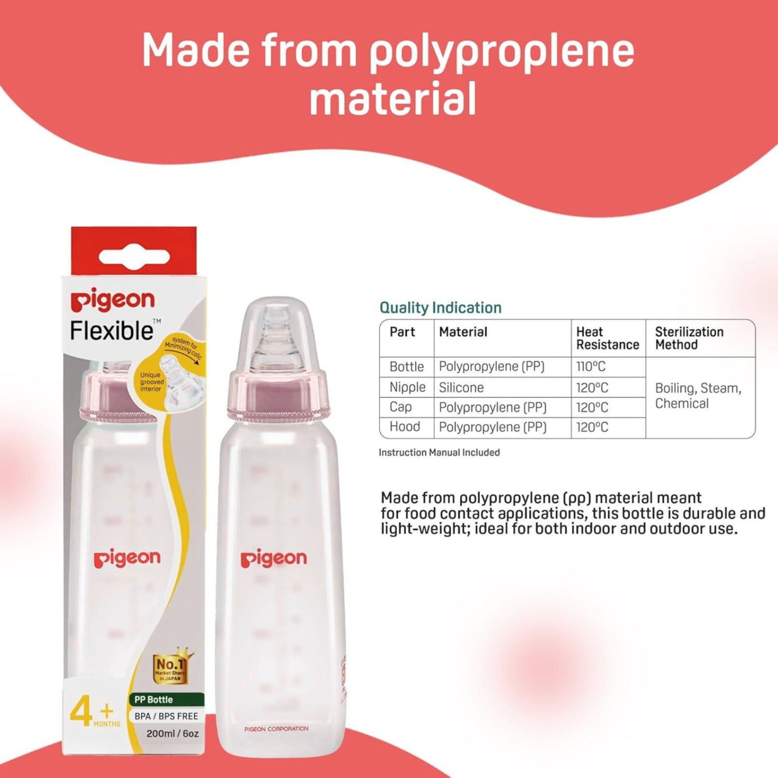 Pigeon Flexible PP Bottle | BPA/BPS Free (200ml/6oz) - 4M+