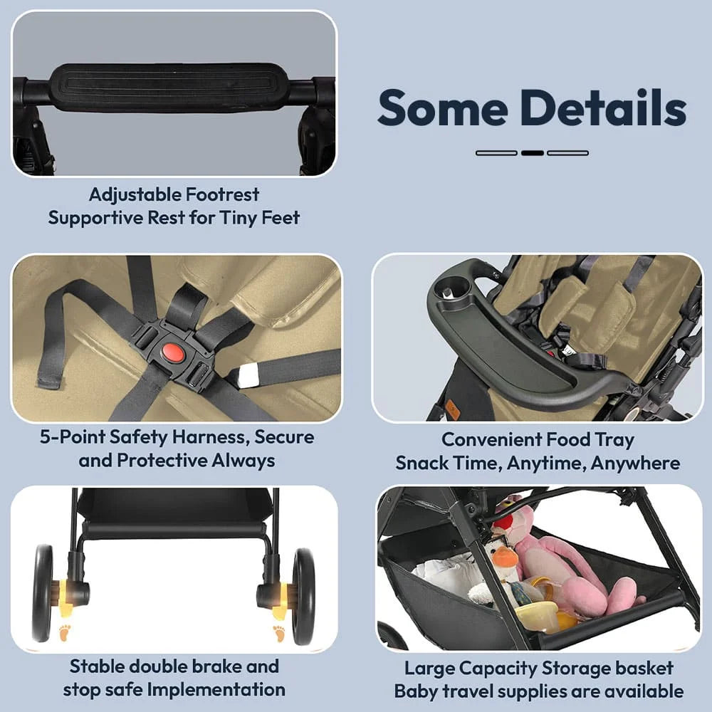 StarAndDaisy Baby Stride Premium Travel Pram with Three Seat Adjustment, Infant Stroller with Wheels and Adjustable Footrest – Khaki