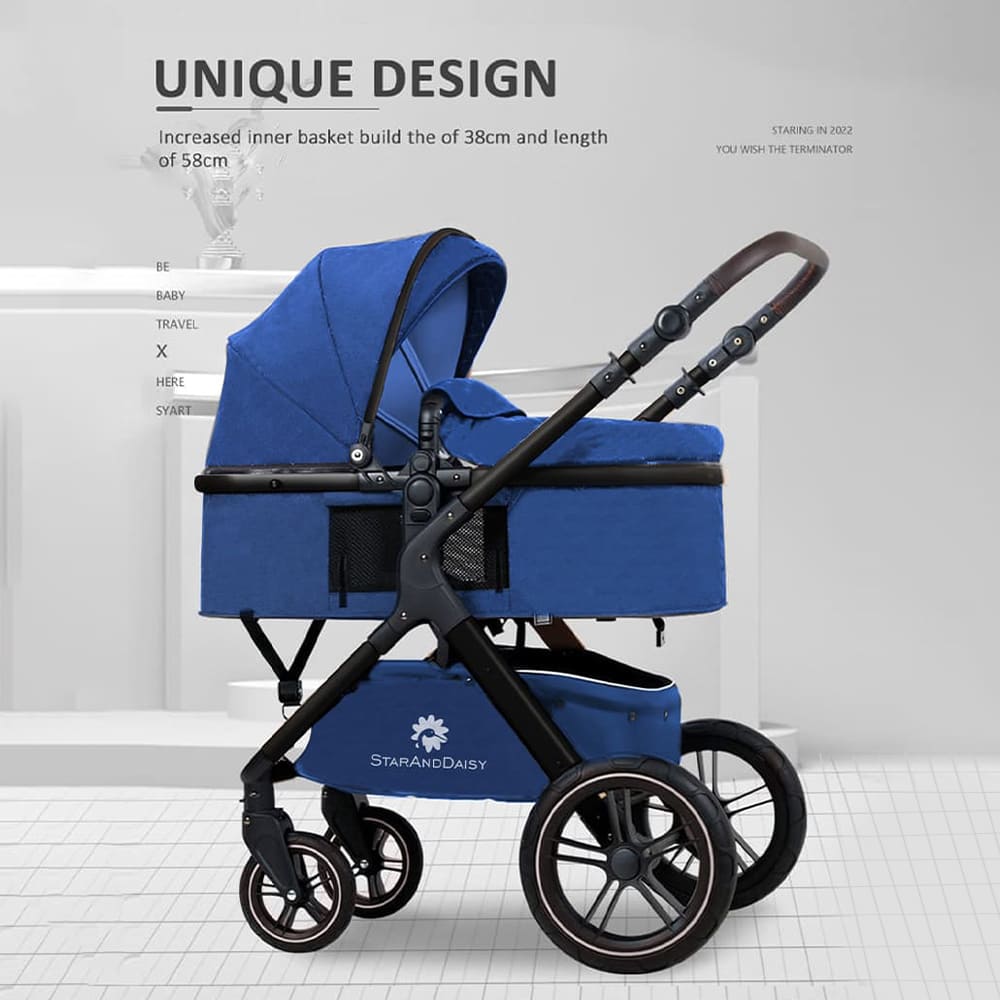 StarAndDaisy EasyGo Baby Stroller Travel Friendly Luxury Baby Strollers and Kids Strollers / Pram / Buggy , Pushchair with high landscape seat, one-push folding, convertible bassinet design (Blue with Black Tubes)