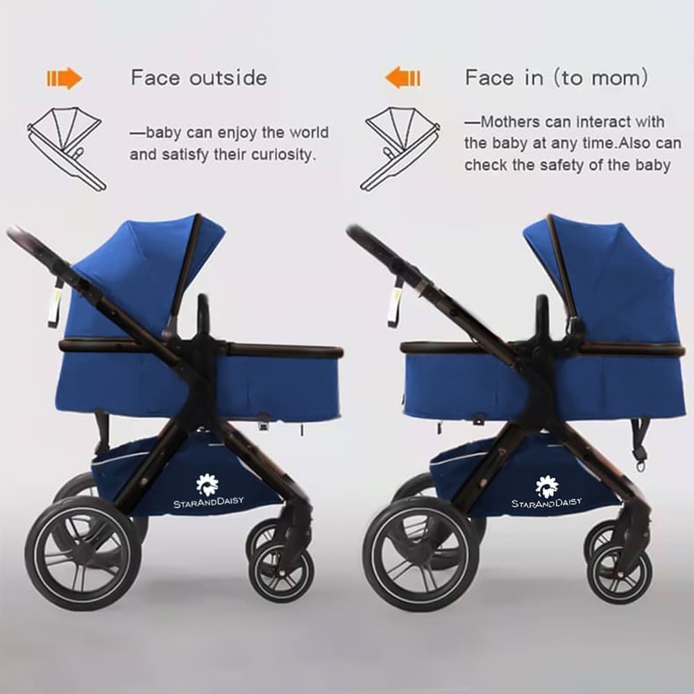 StarAndDaisy EasyGo Baby Stroller Travel Friendly Luxury Baby Strollers and Kids Strollers / Pram / Buggy , Pushchair with high landscape seat, one-push folding, convertible bassinet design (Blue with Black Tubes)