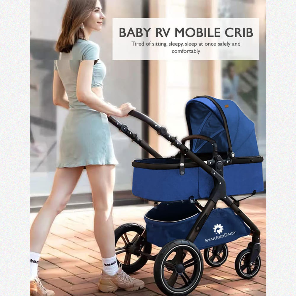 StarAndDaisy EasyGo Baby Stroller Travel Friendly Luxury Baby Strollers and Kids Strollers / Pram / Buggy , Pushchair with high landscape seat, one-push folding, convertible bassinet design (Blue with Black Tubes)