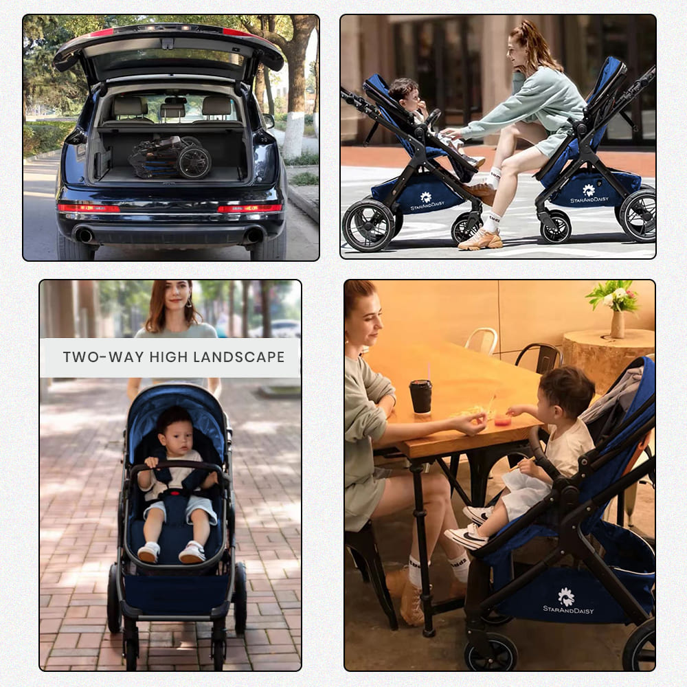 StarAndDaisy EasyGo Baby Stroller Travel Friendly Luxury Baby Strollers and Kids Strollers / Pram / Buggy , Pushchair with high landscape seat, one-push folding, convertible bassinet design (Blue with Black Tubes)