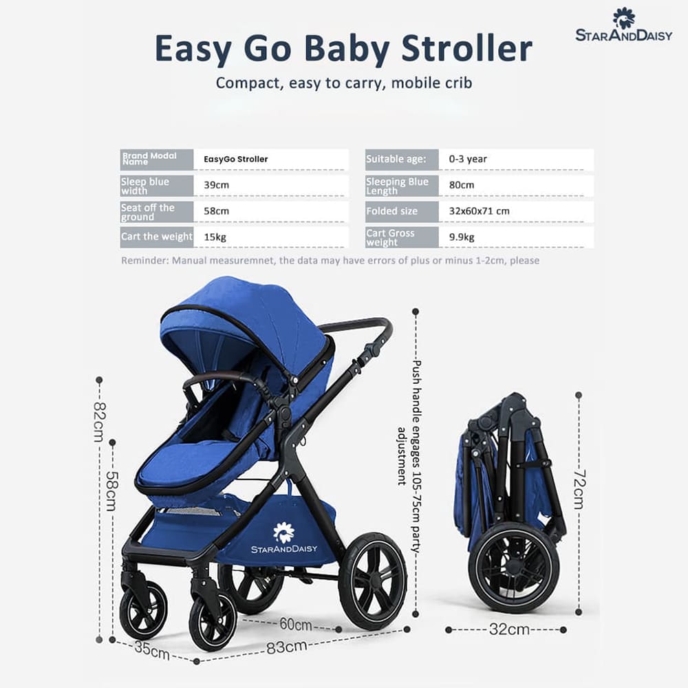 StarAndDaisy EasyGo Baby Stroller Travel Friendly Luxury Baby Strollers and Kids Strollers / Pram / Buggy , Pushchair with high landscape seat, one-push folding, convertible bassinet design (Blue with Black Tubes)