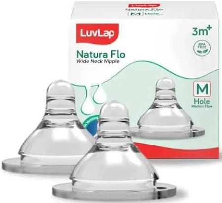 LuvLap Natura Flo Wide Neck Nipple | M Hole Medium Flow | Anti Colic Venting System | BPA FREE | 3M+ (1 Pair)