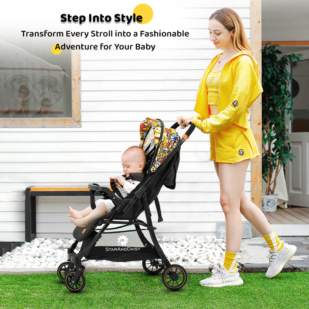 StarAndDaisy Travel Elite Lightweight and Foldable Baby Stroller Pram for Travel with Reversible Handle Adjustable Backrest and Canopy (Graffti)