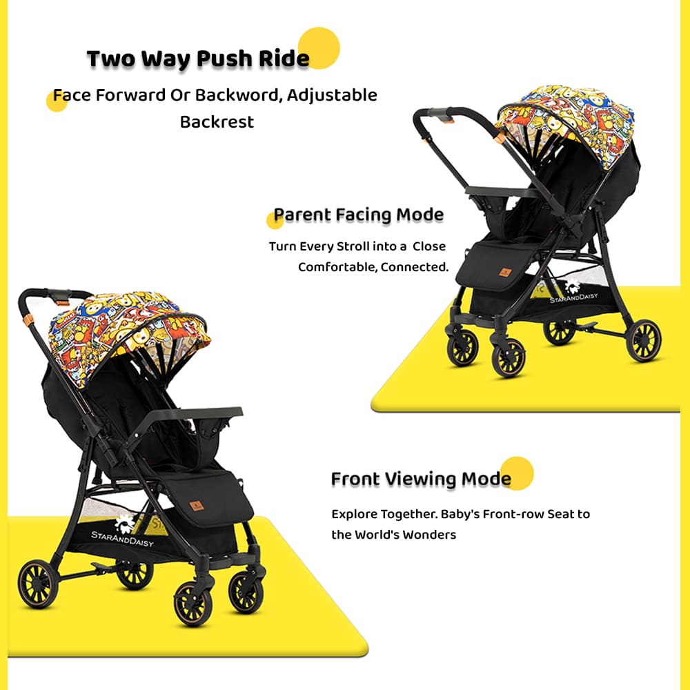StarAndDaisy Travel Elite Lightweight and Foldable Baby Stroller Pram for Travel with Reversible Handle Adjustable Backrest and Canopy (Graffti)